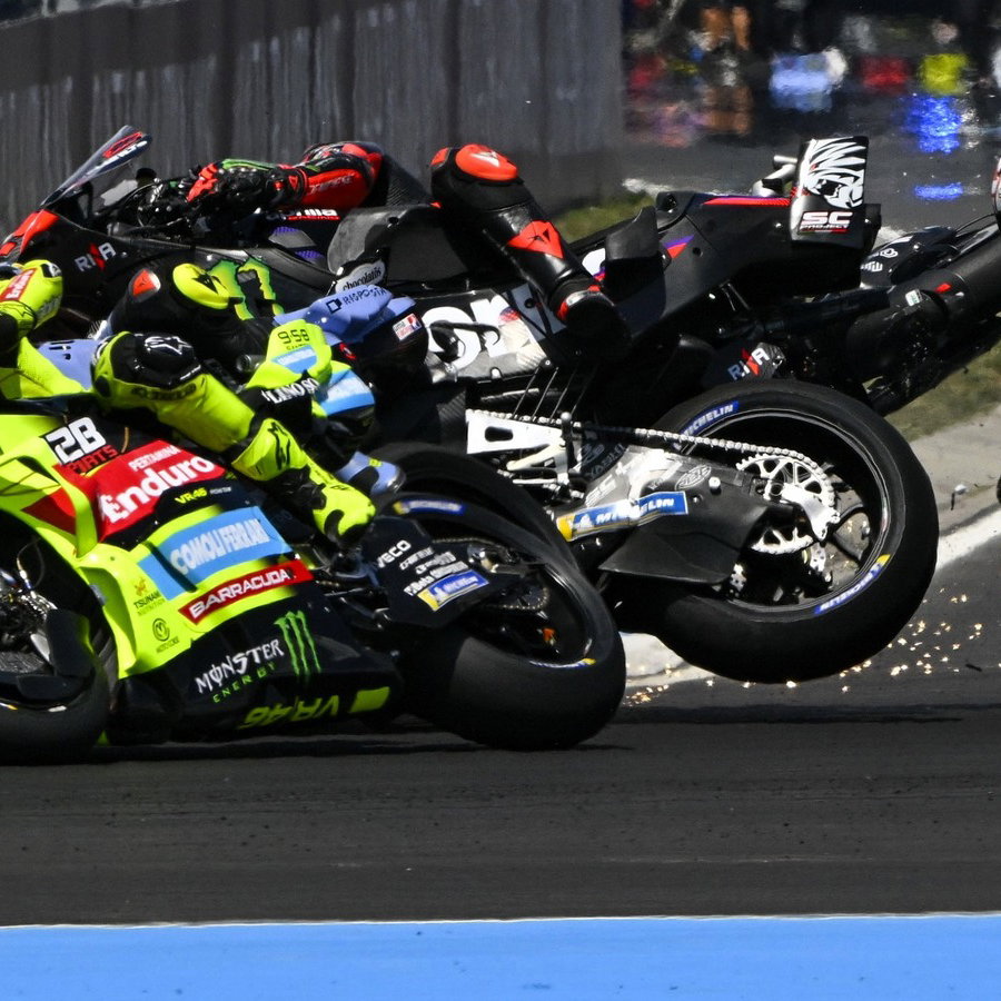 Fabio di Giannantonio about to be caught up in the Turn 1 accident, 2026 Hungarian MotoGP.