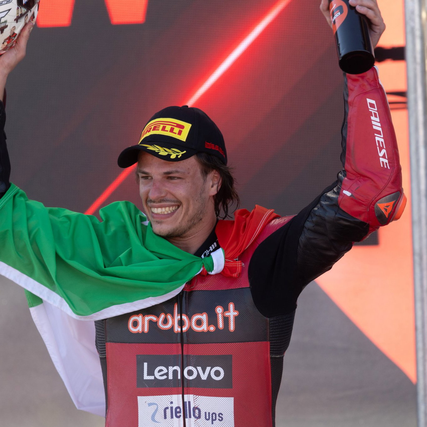 Nicolo Bulega, 2026 Emilia-Romagna WorldSBK, podium. Credit: Gold and Goose.