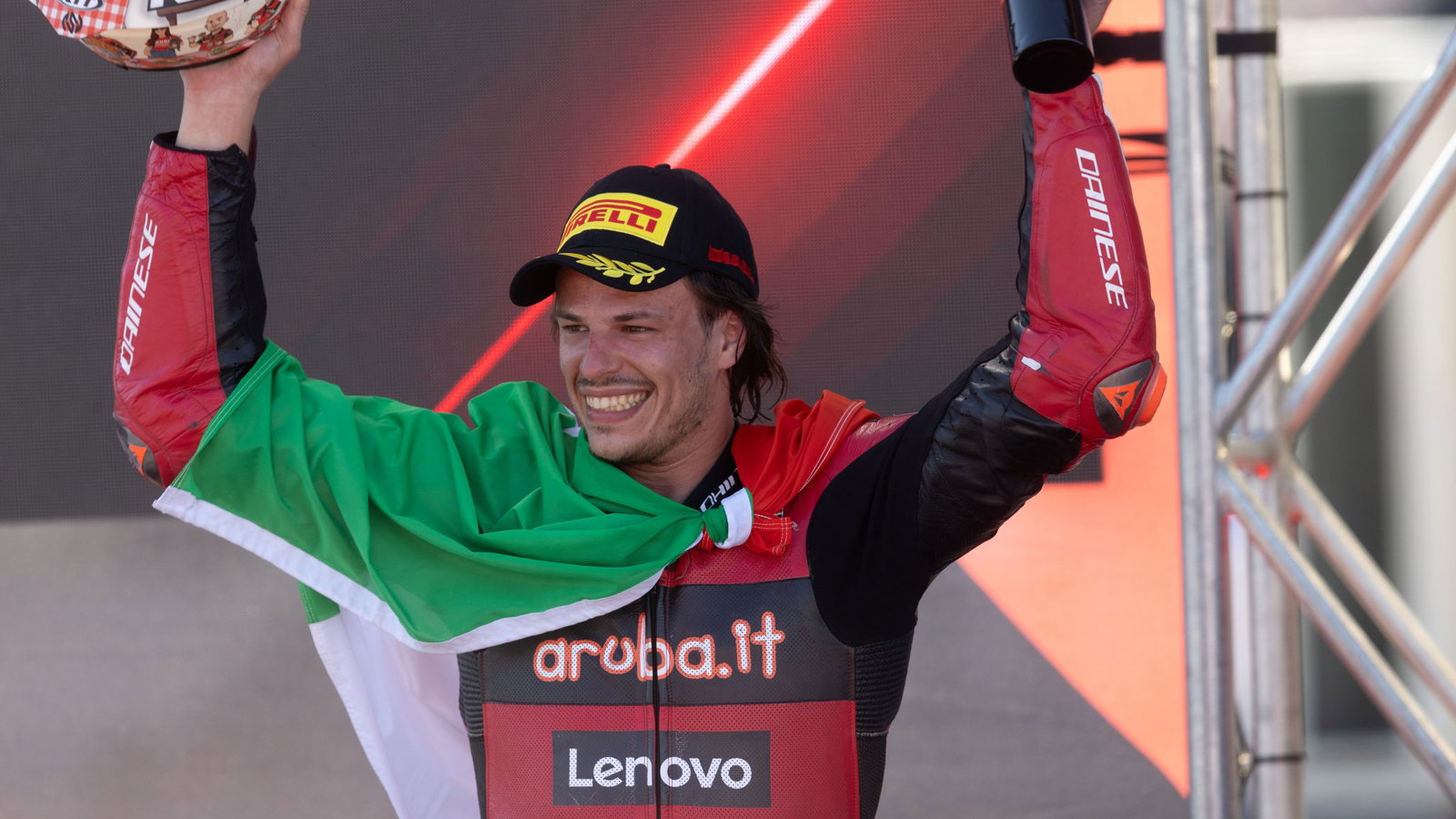 Nicolo Bulega, 2026 Emilia-Romagna WorldSBK, podium. Credit: Gold and Goose.