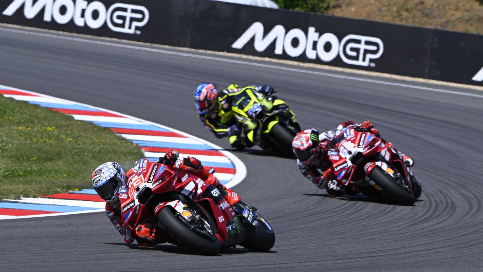 Marc Marquez leads Francesco Bagnaia, Ai Ogura, 2026 MotoGP Czech Grand Prix. Credit: Gold and Goose.