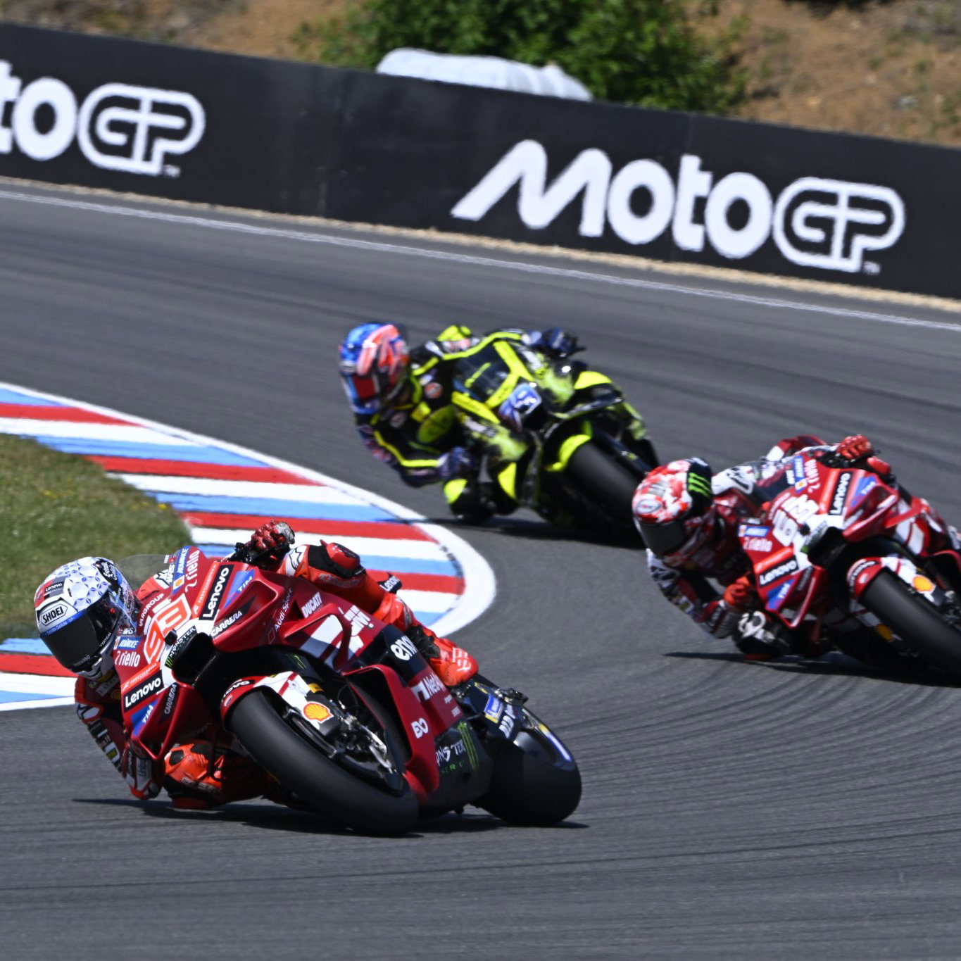 Marc Marquez leads Francesco Bagnaia, Ai Ogura, 2026 MotoGP Czech Grand Prix. Credit: Gold and Goose.