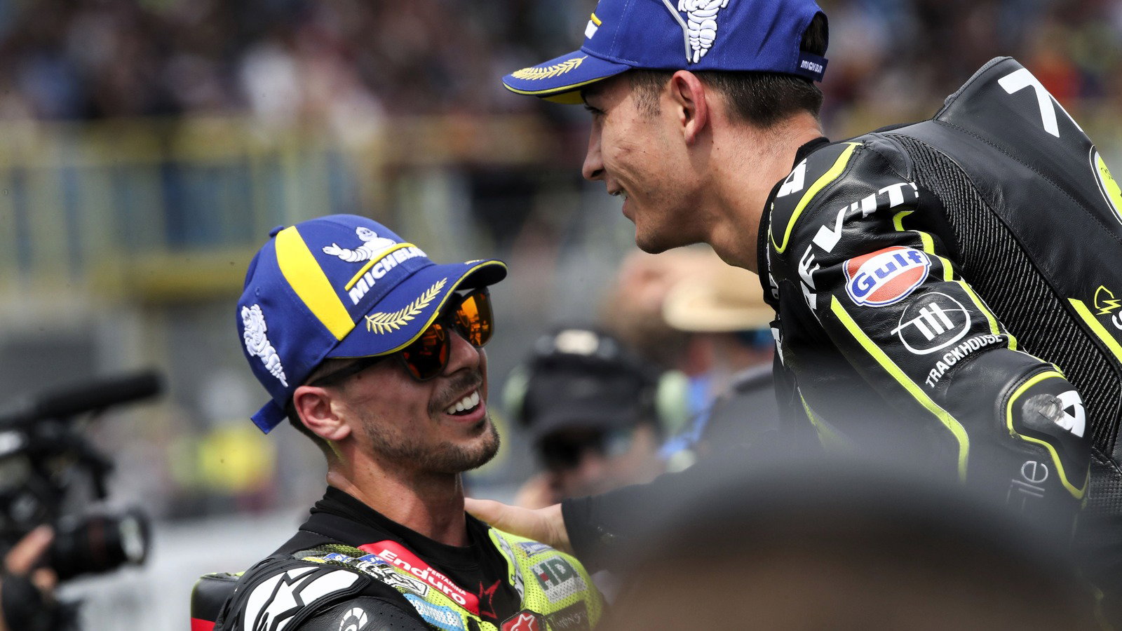 Raul Fernandez celebrates with Fabio di Giannantonio, 2026 Assen MotoGP. 