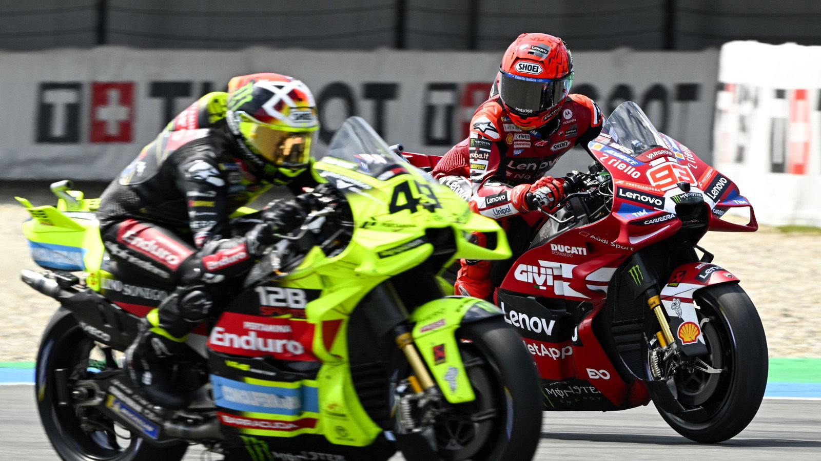 Marc Marquez battles Pecco Bagnaia, 2026 Assen MotoGP. 