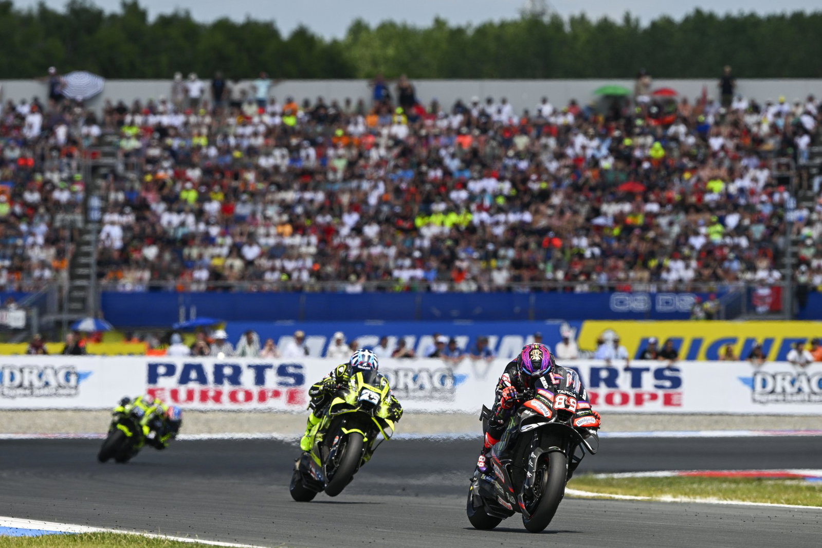 Jorge Martin leads Raul Fernandez, 2026 MotoGP Dutch Grand Prix. Credit: Gold and Goose