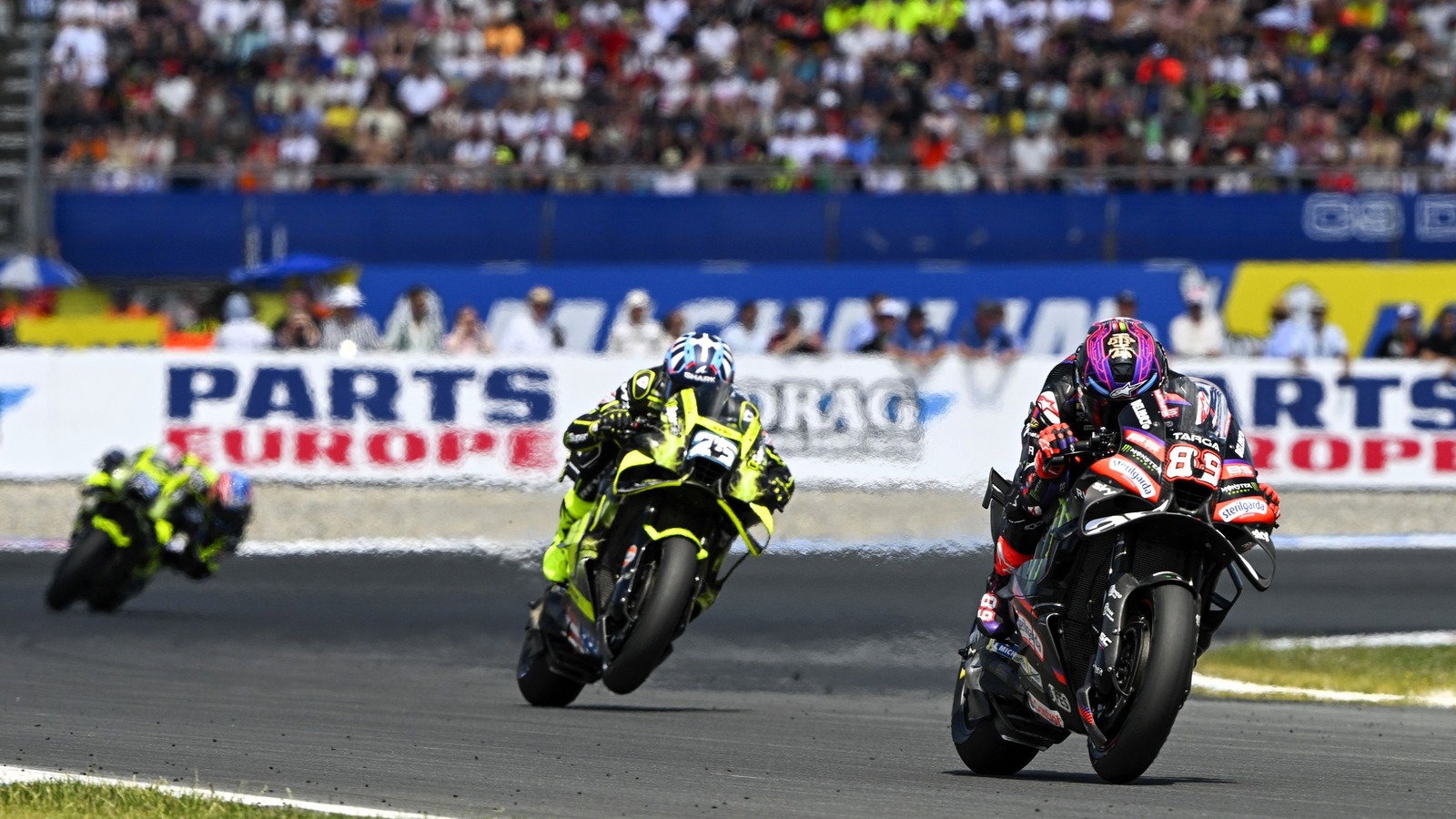Jorge Martin is hunted down by Raul Fernandez and Ai Ogura, 2026 Assen MotoGP. 