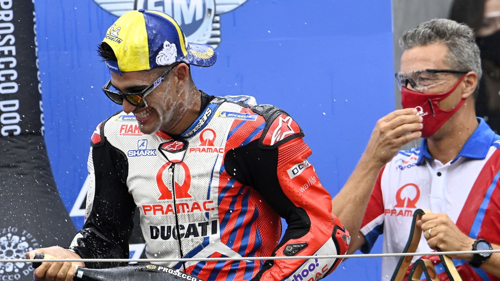Jorge Martin and Francesco Guidotti celebrate first MotoGP win, Styria 2021.