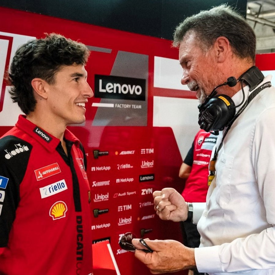 Marc Marquez and Pirelli's Giorgio Barbier, Brno test. 