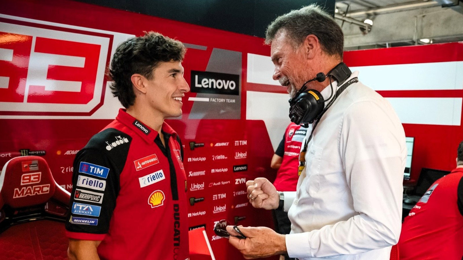 Marc Marquez and Pirelli's Giorgio Barbier, Brno test.