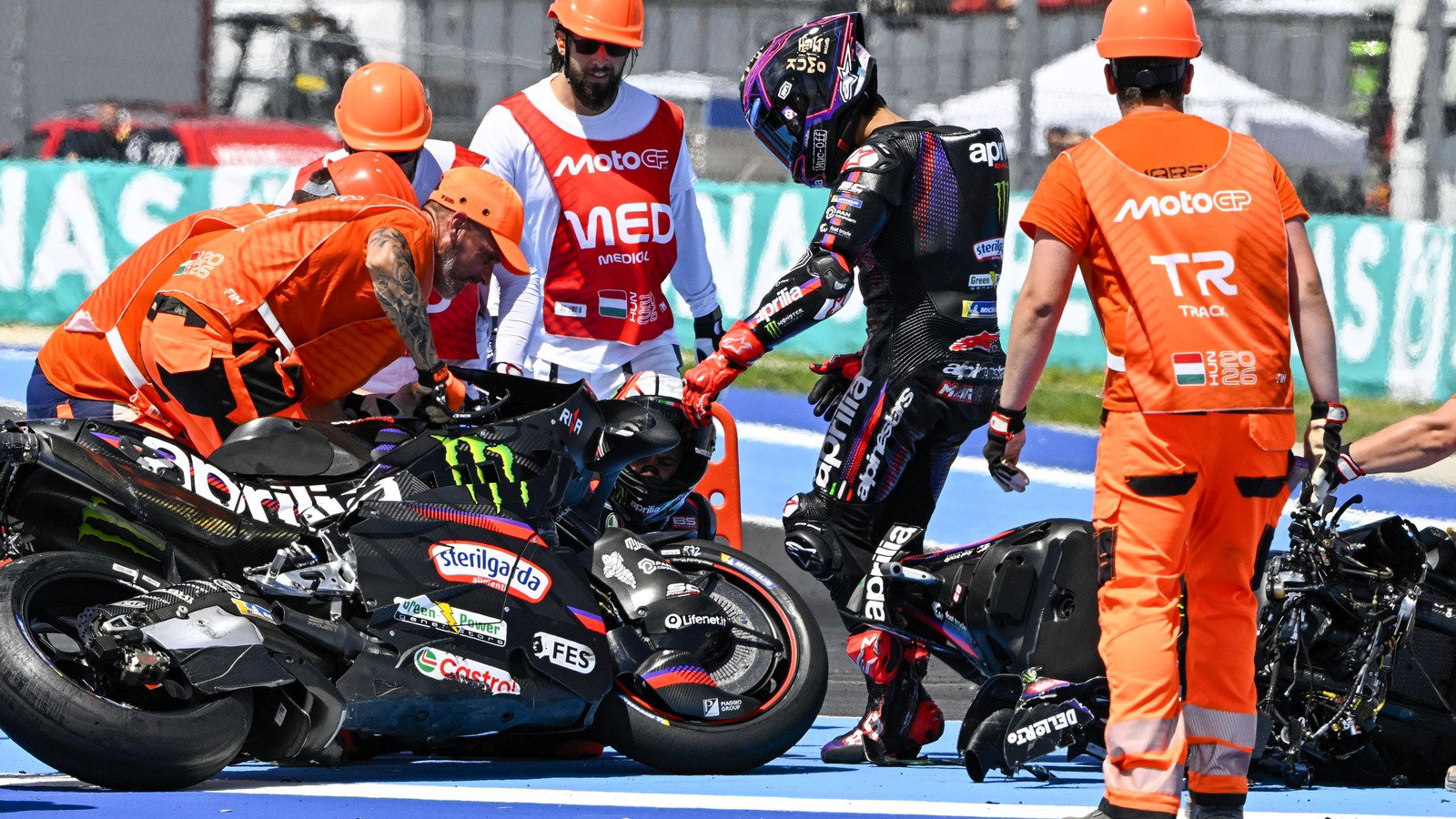 Martin, Bezzecchi crash, 2026 Hungarian MotoGP. 