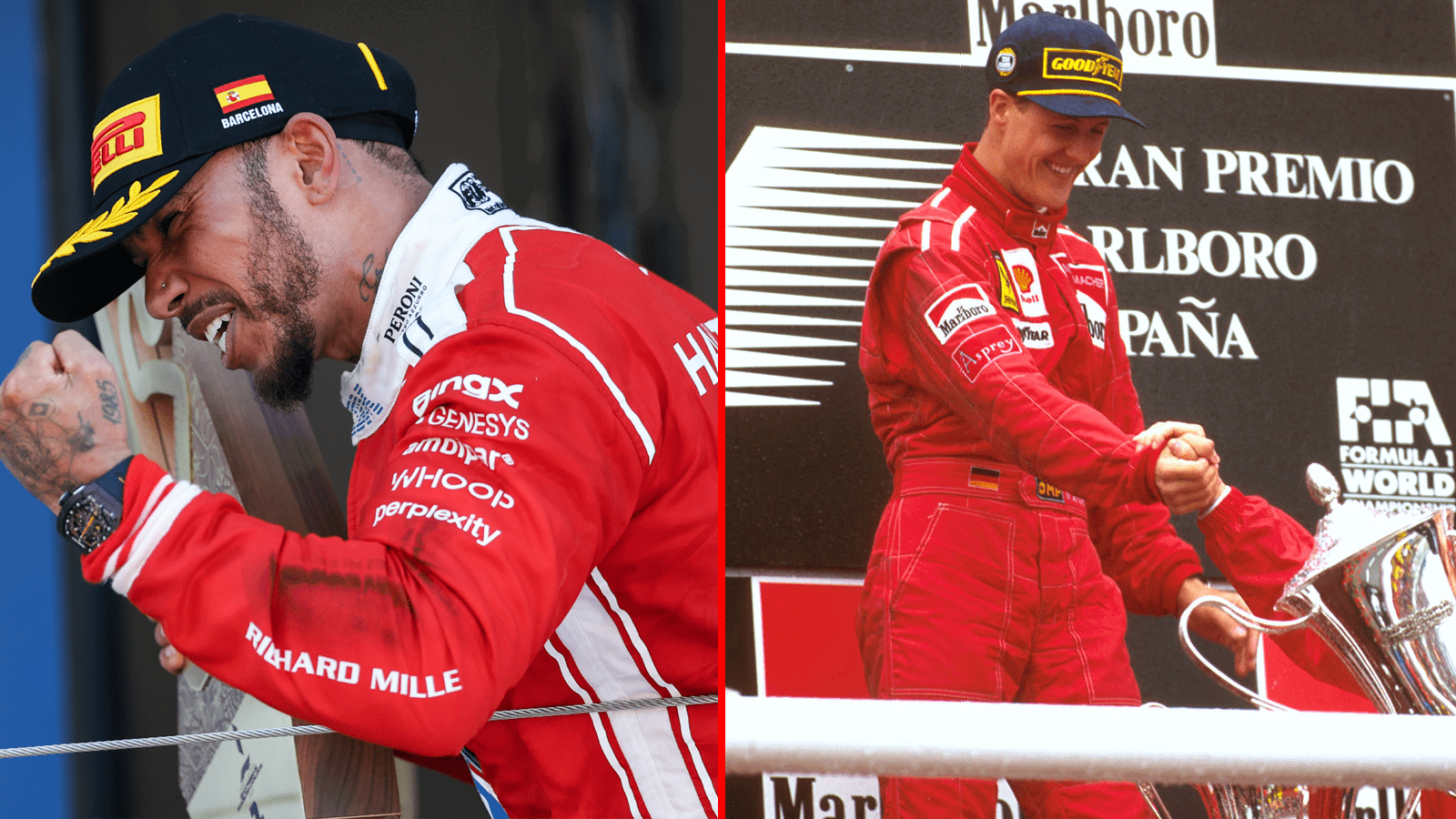Hamilton mirrored Schumacher by taking his first Ferrari win in Barcelona