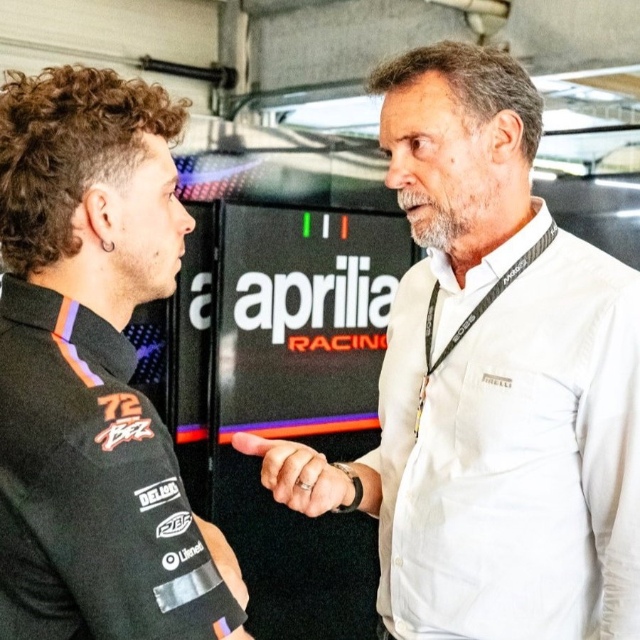 Marco Bezzecchi and Pirelli's Giorgio Barbier, Brno test. 