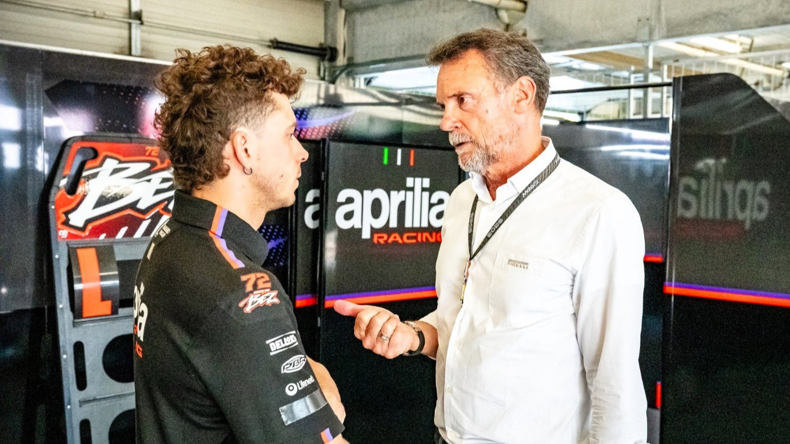 Marco Bezzecchi and Pirelli's Giorgio Barbier, Brno test. 