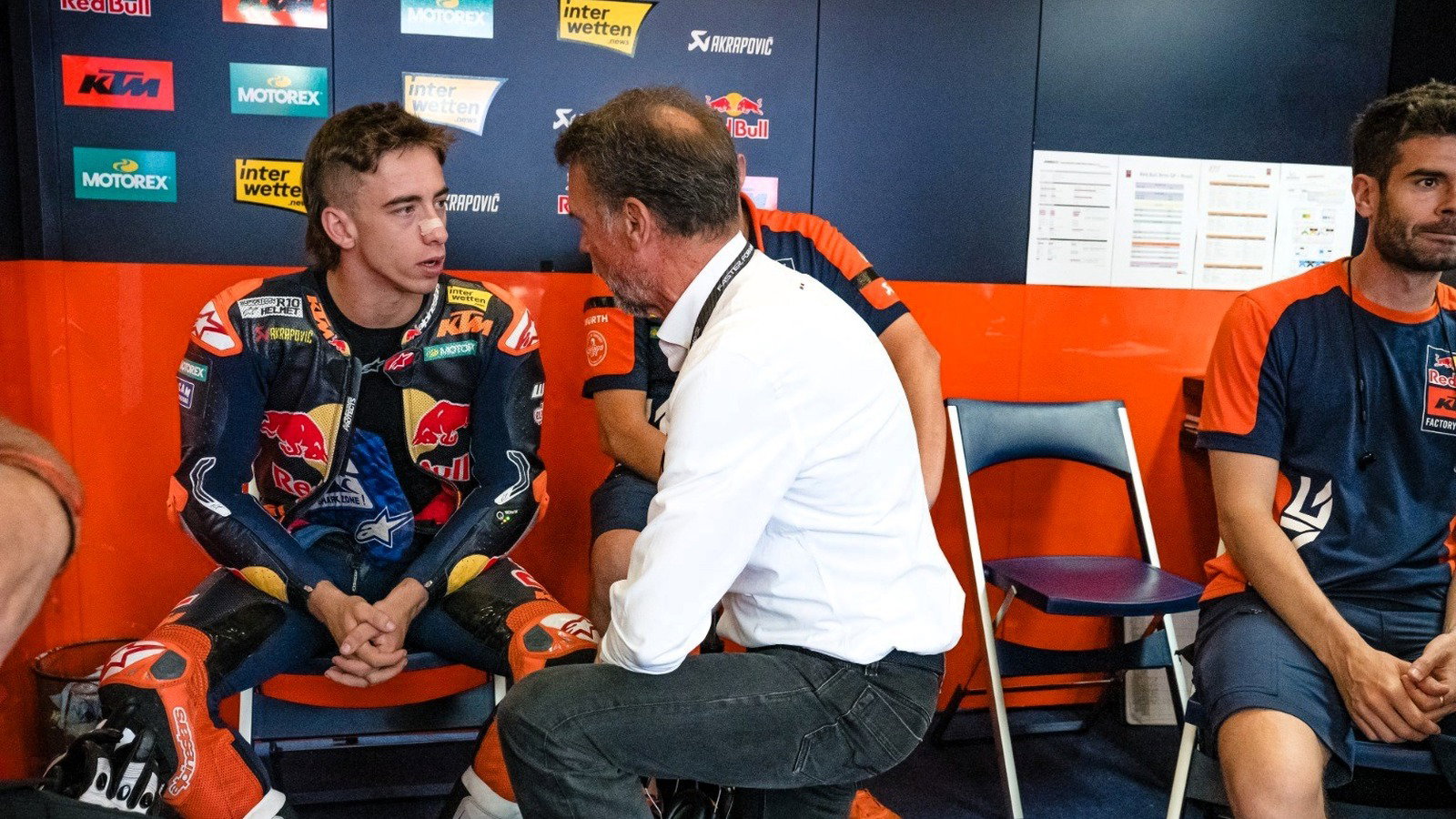 Pedro Acosta and Pirelli's Giorgio Barbier, Brno Test.