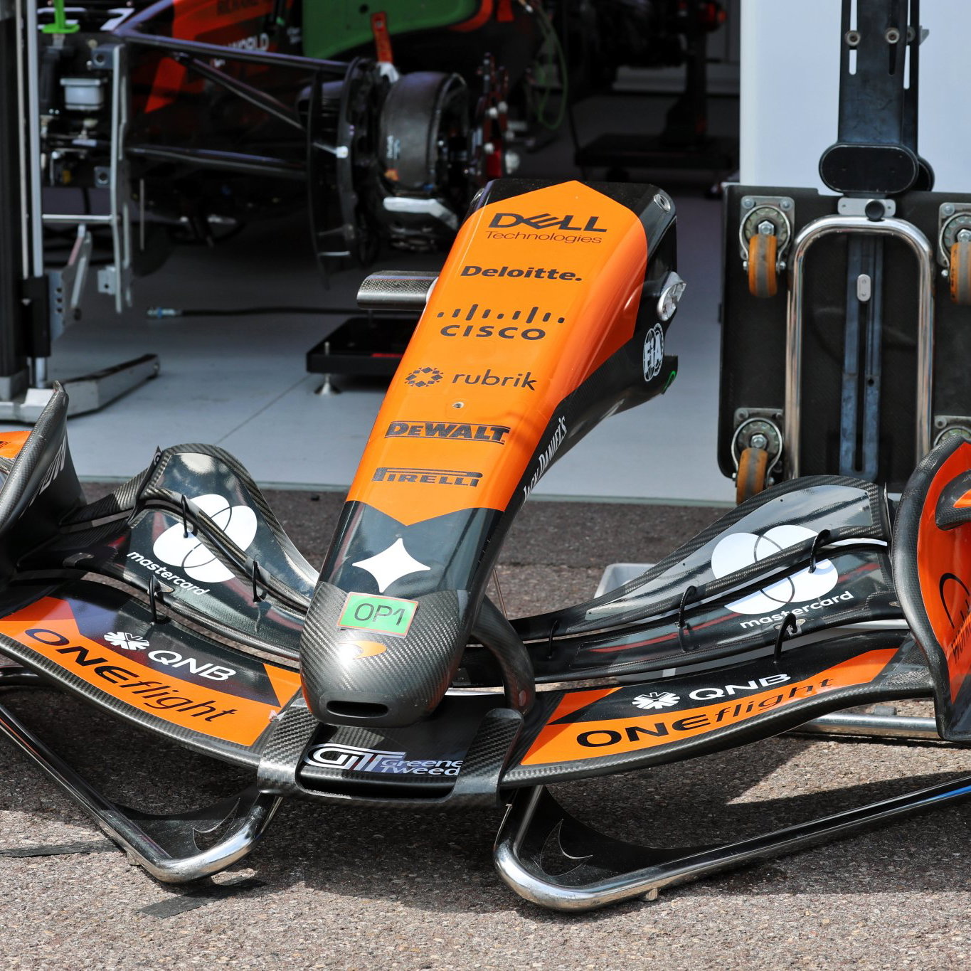 McLaren's front wing in the Monaco pit lane 