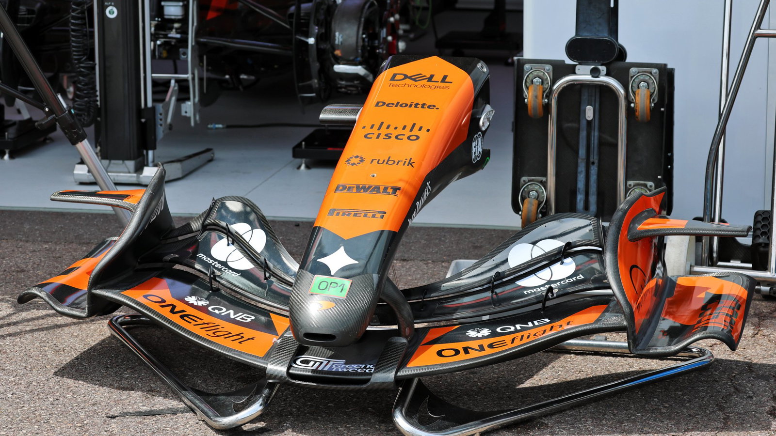 McLaren's front wing in the Monaco pit lane 
