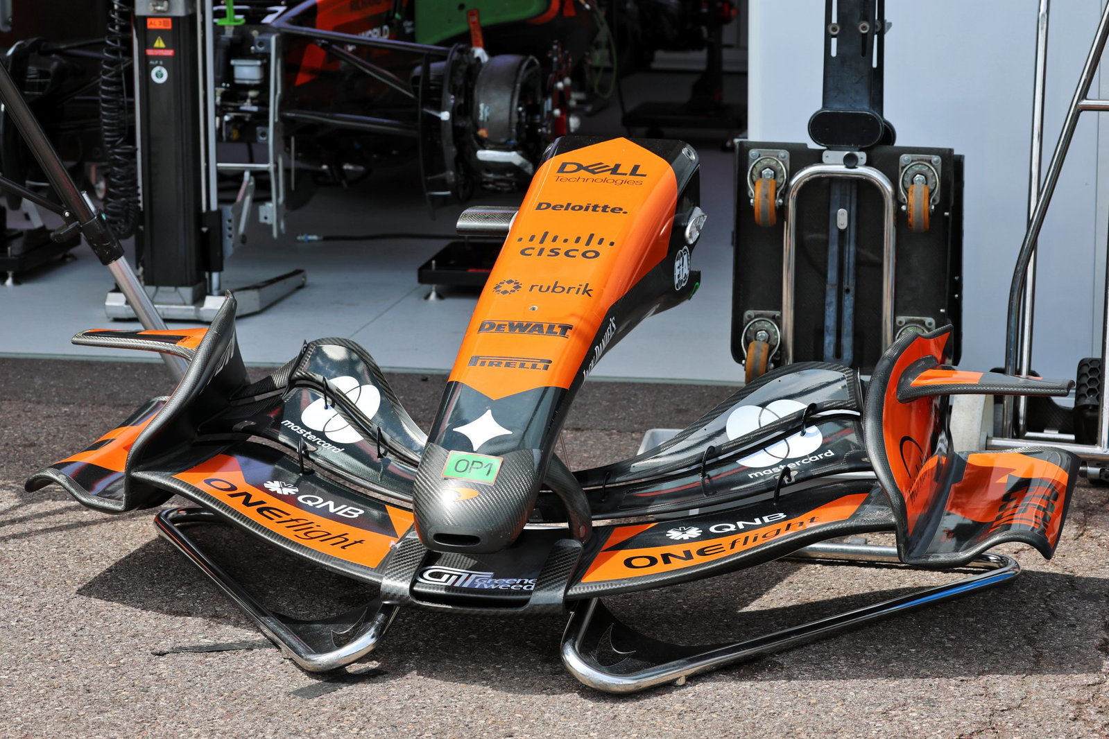 McLaren's front wing in the Monaco pit lane 