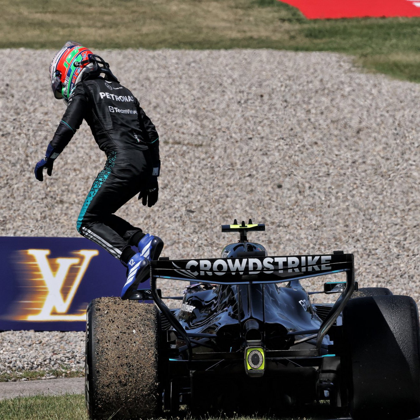 Antonelli jumps from his Mercedes in Barcelona