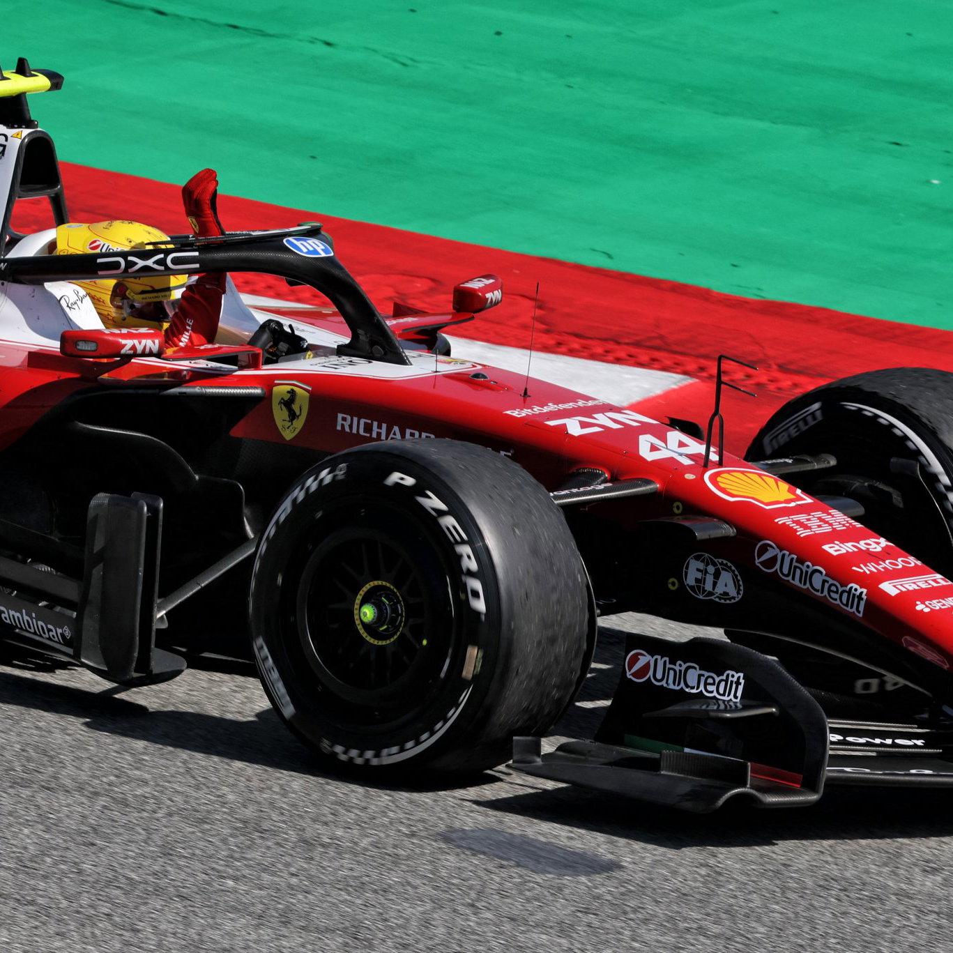 Hamilton celebrates his first win as a Ferrari driver