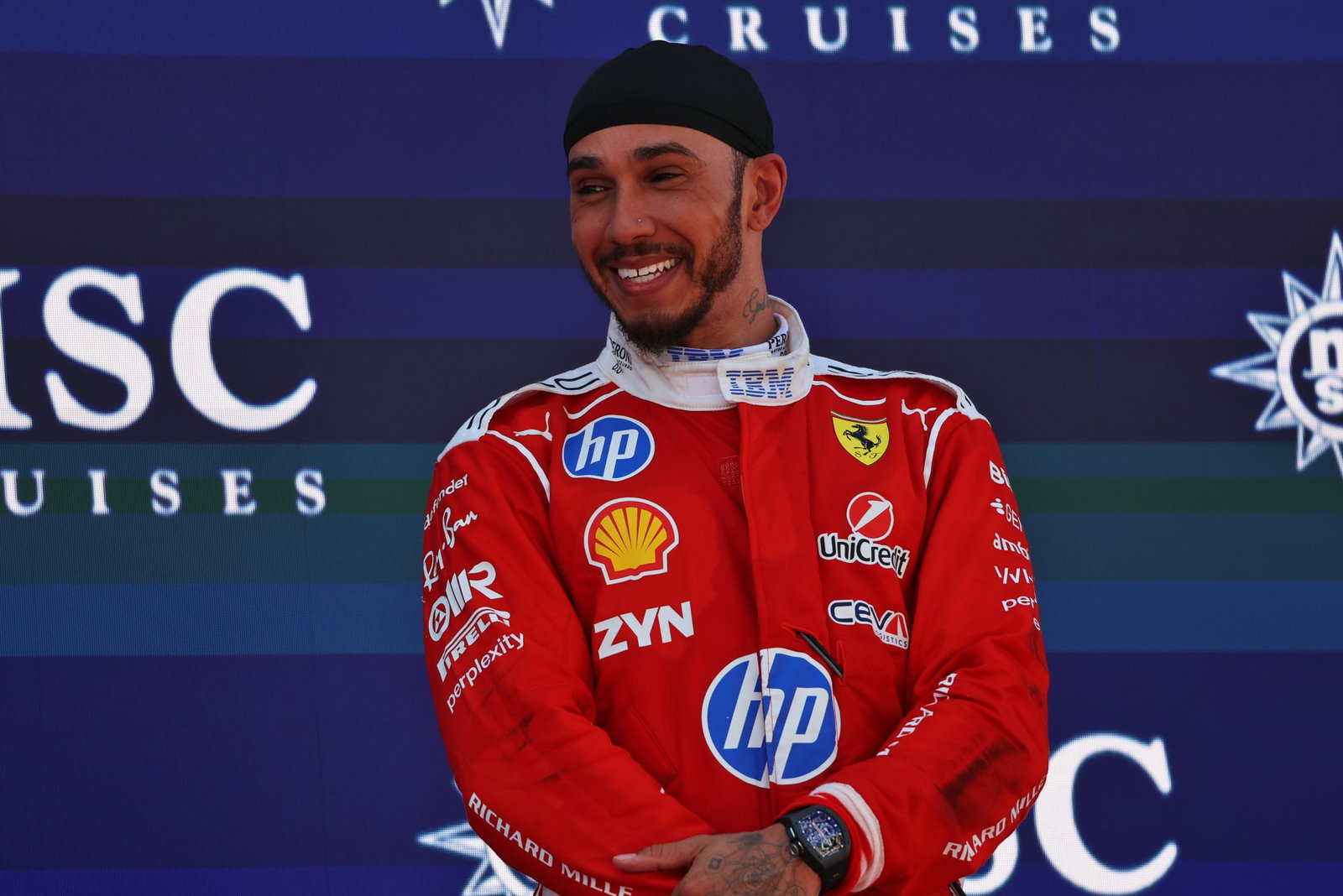 Hamilton fought back tears on the podium
