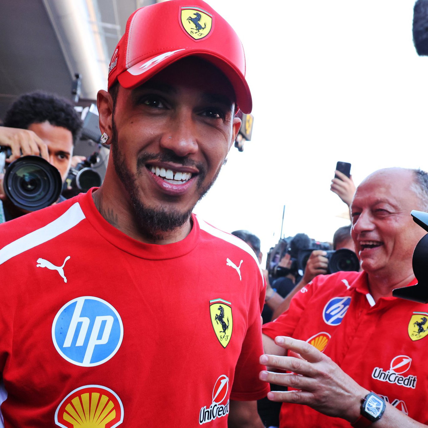 Hamilton celebrates his maiden win for Ferrari 