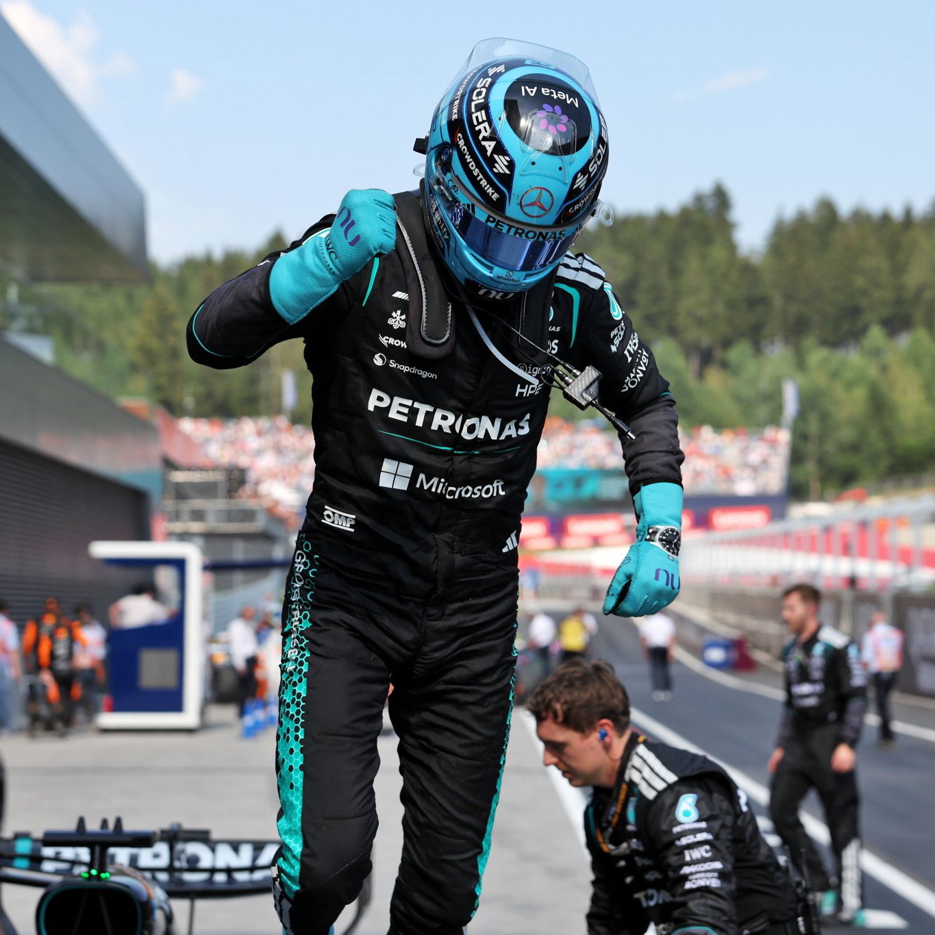 Russell celebrates his win in Austria 