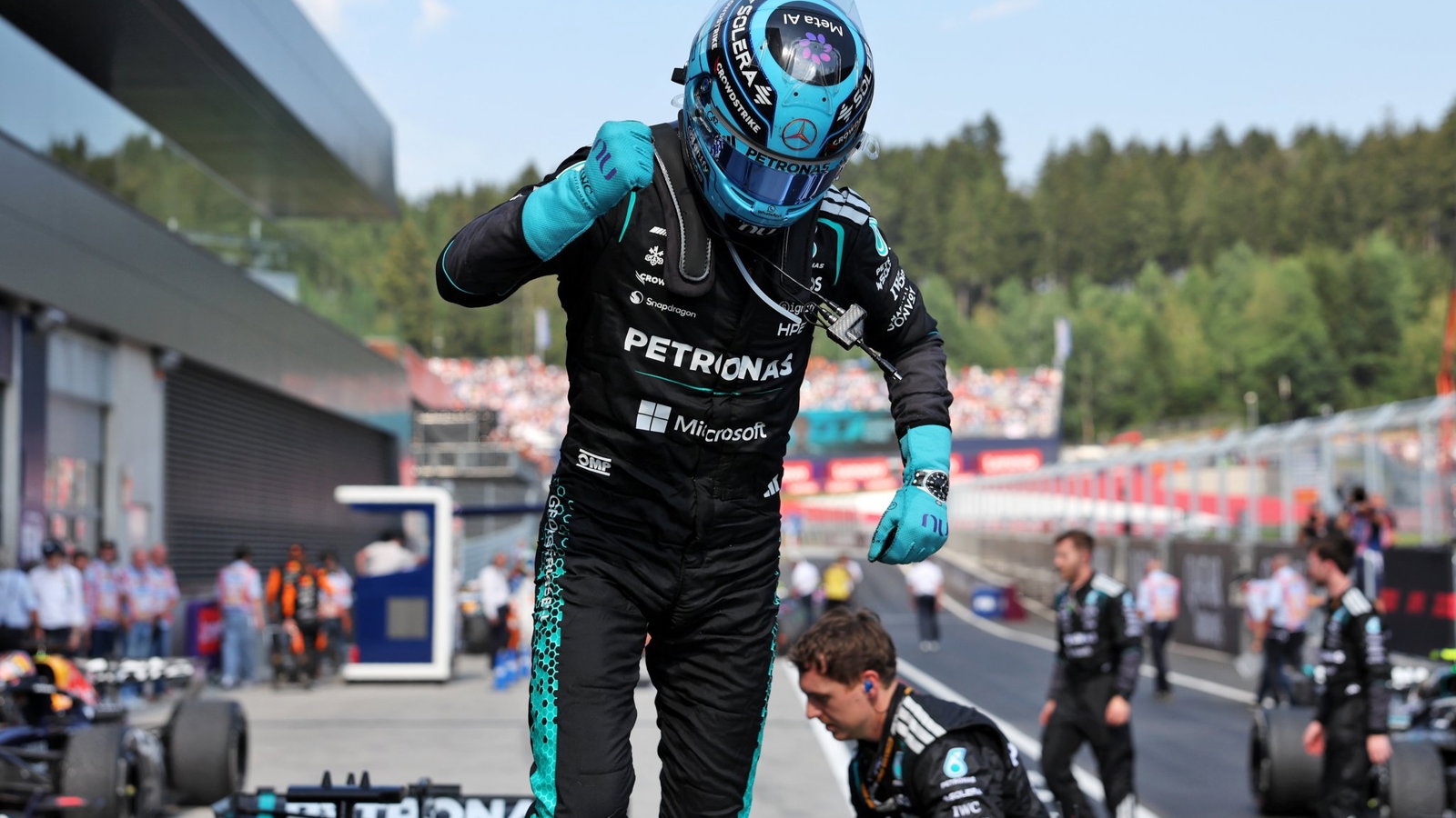 Russell celebrates his win in Austria 