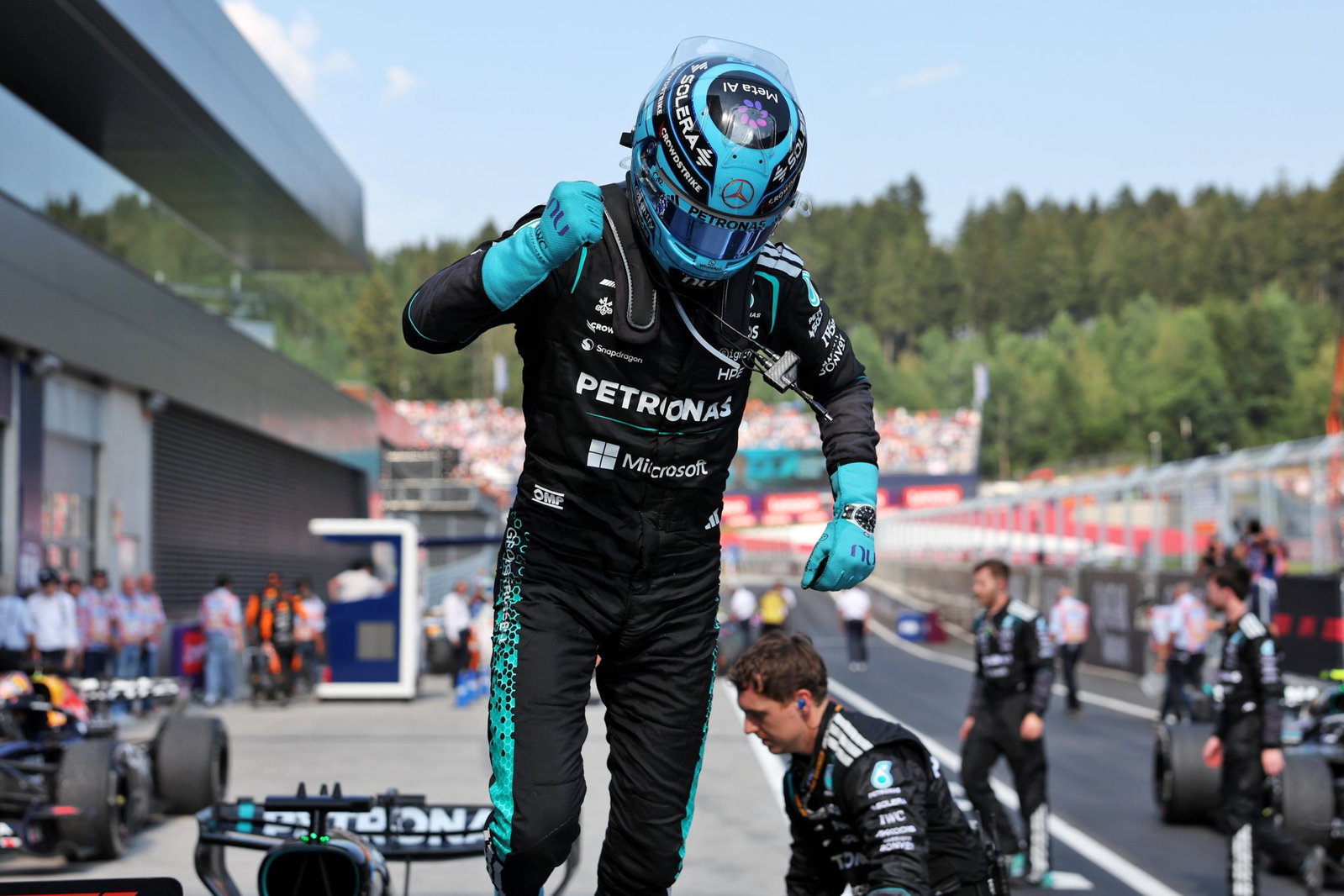 Russell celebrates his win in Austria 