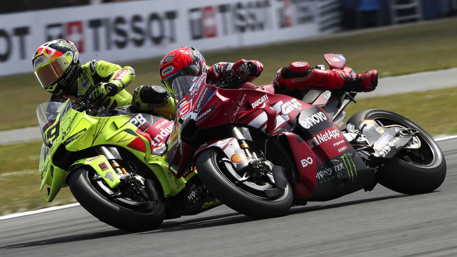 Marc Marquez's leg off during di Giannantonio battle, 2026 Assen MotoGP.