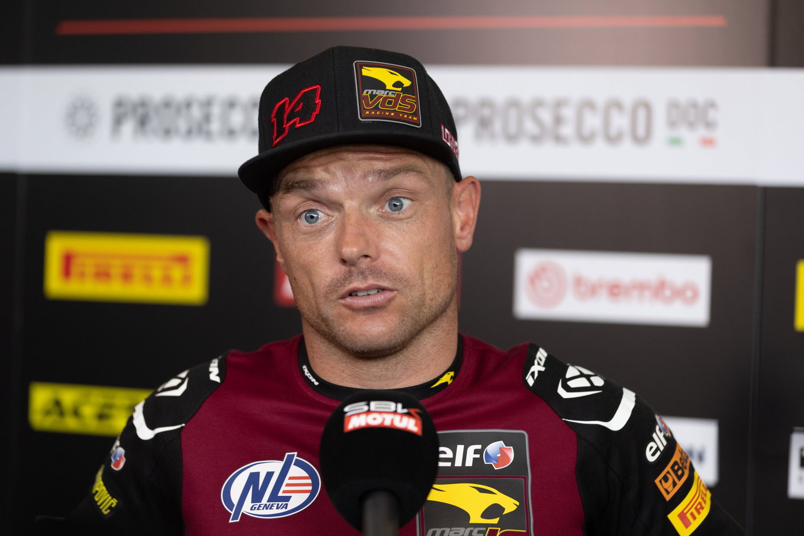 Sam Lowes speaks to the media, 2026 UK WorldSBK. Credit: Gold and Goose.