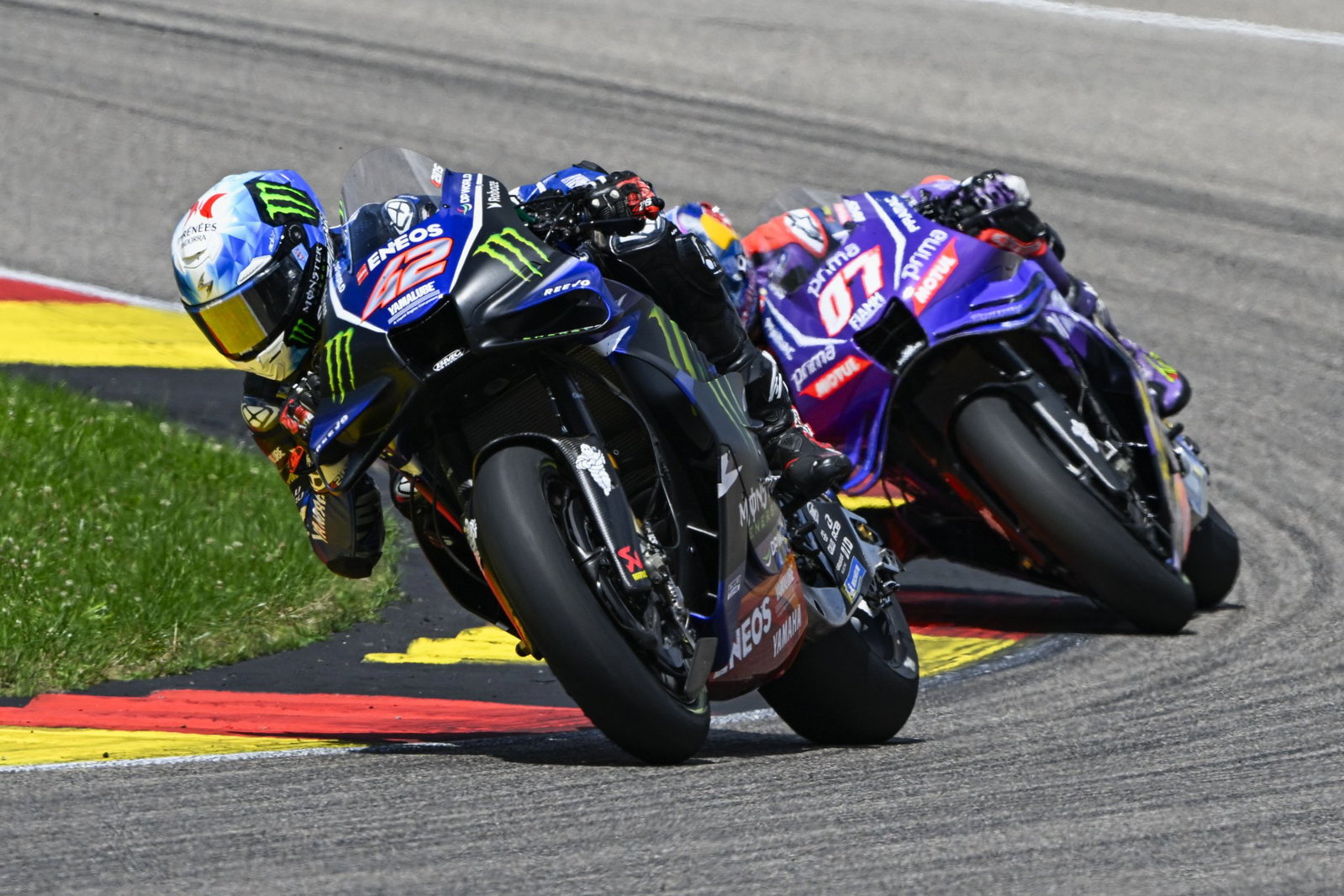 Alex Rins leads Toprak Razgatlioglu, 2026 MotoGP German Grand Prix. Credit: Gold and Goose.
