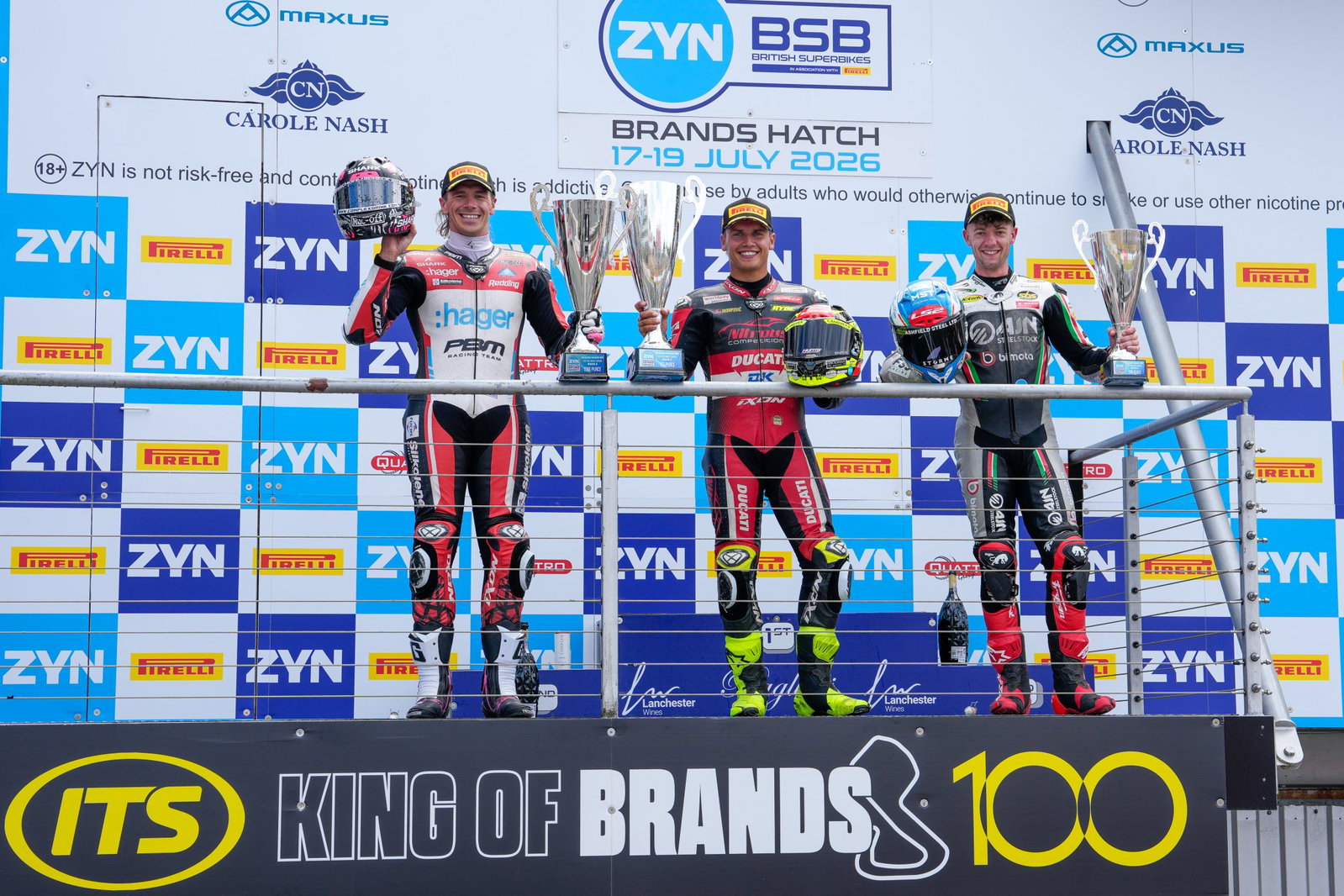 Scott Redding, Kyle Ryde, Max Cook on 2026 Brands Hatch BSB Race 2 podium. Credit: Ian Hopgood Photography.