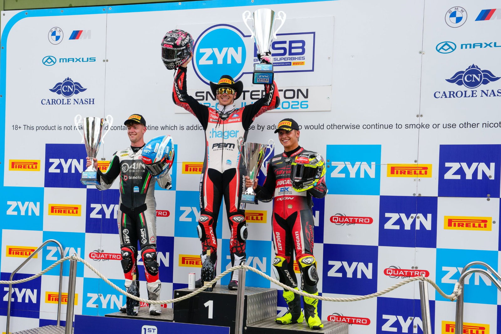 Scott Redding, Max Cook, Kyle Ryde, Race 2 podium, BSB, 2026, Snetterton