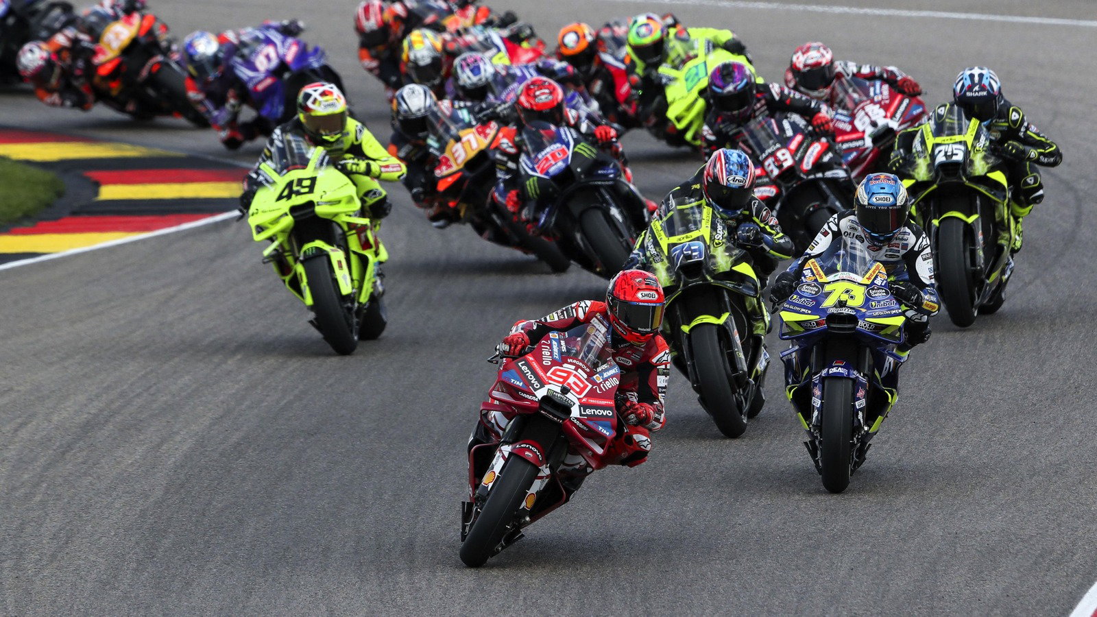 Marc Marquez leads, 2026 Sachsenring MotoGP.
