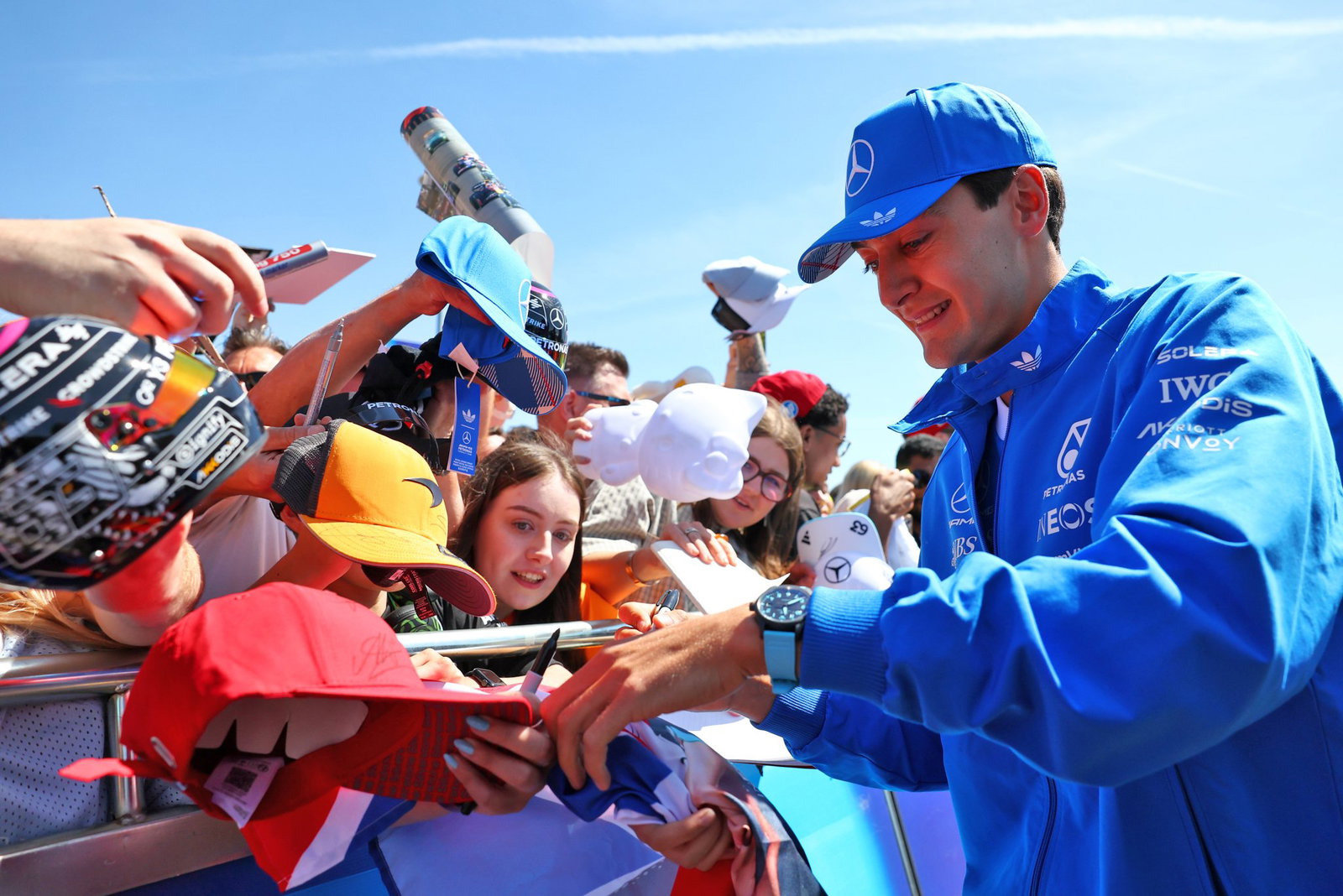 Russell greets fans at Silverstone on Thursday