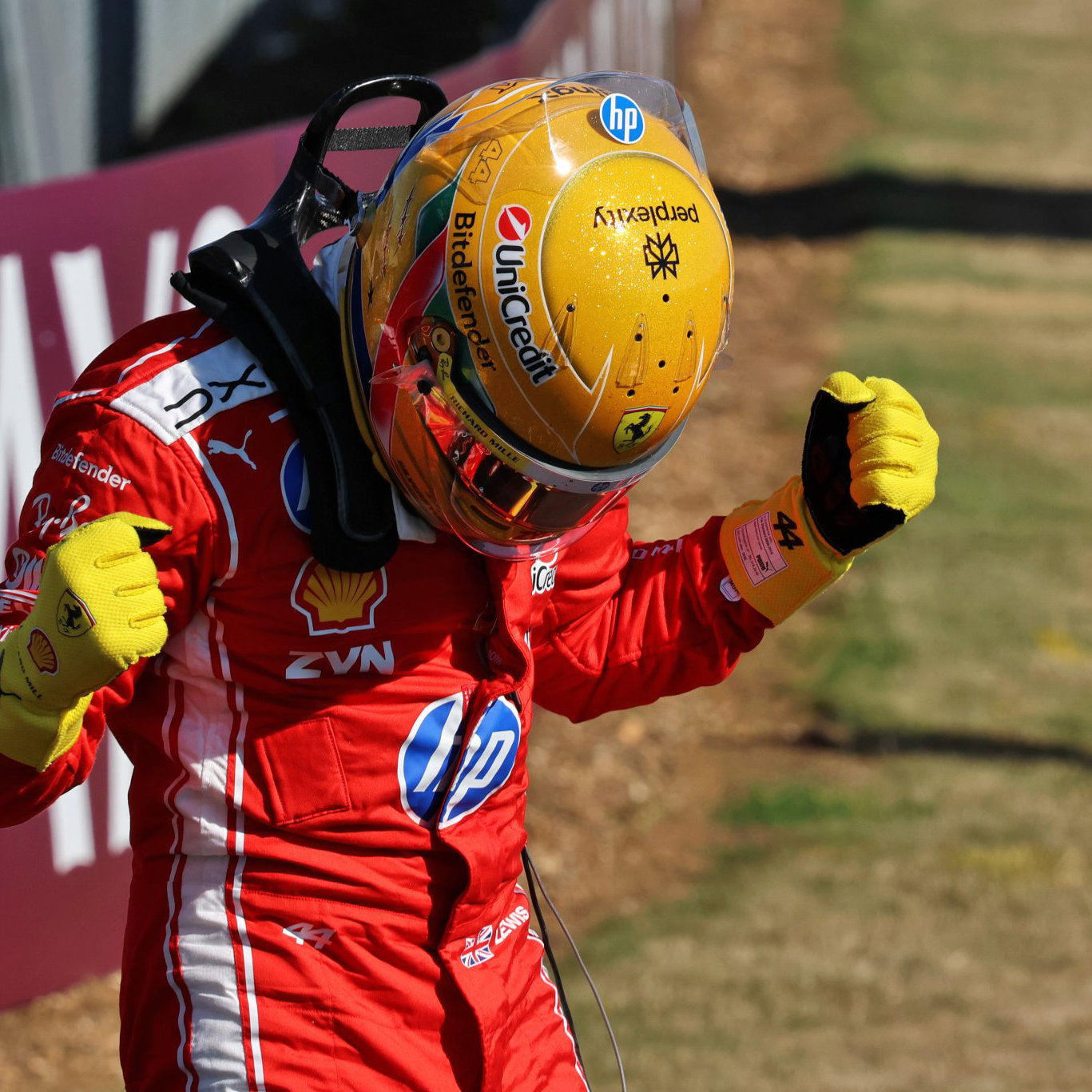 Hamilton celebrates his Silverstone sprint pole