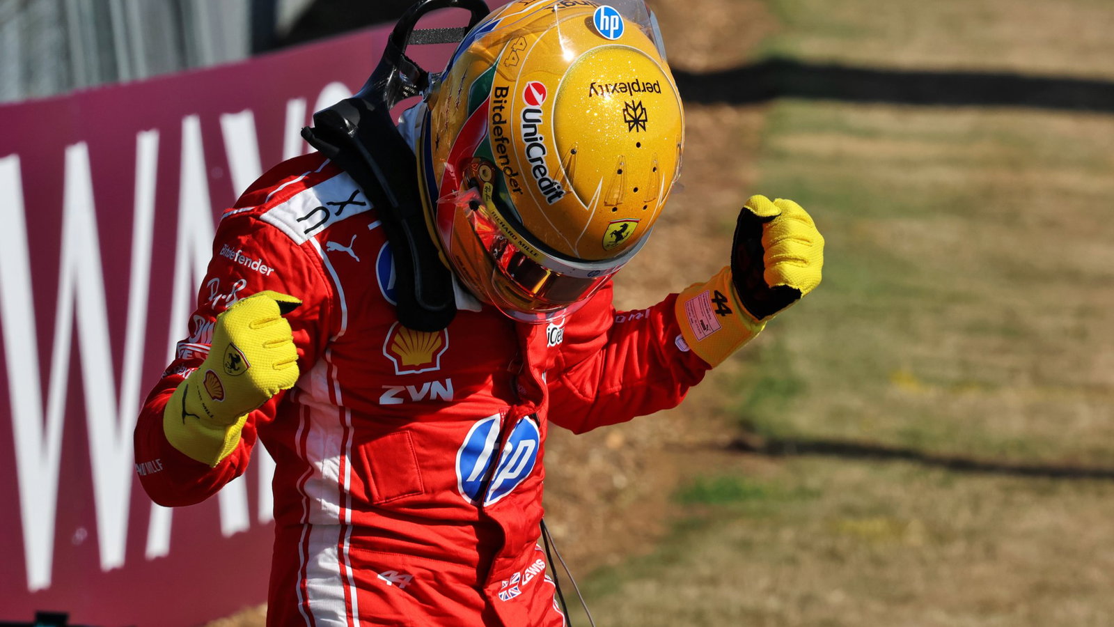 Hamilton celebrates his Silverstone sprint pole