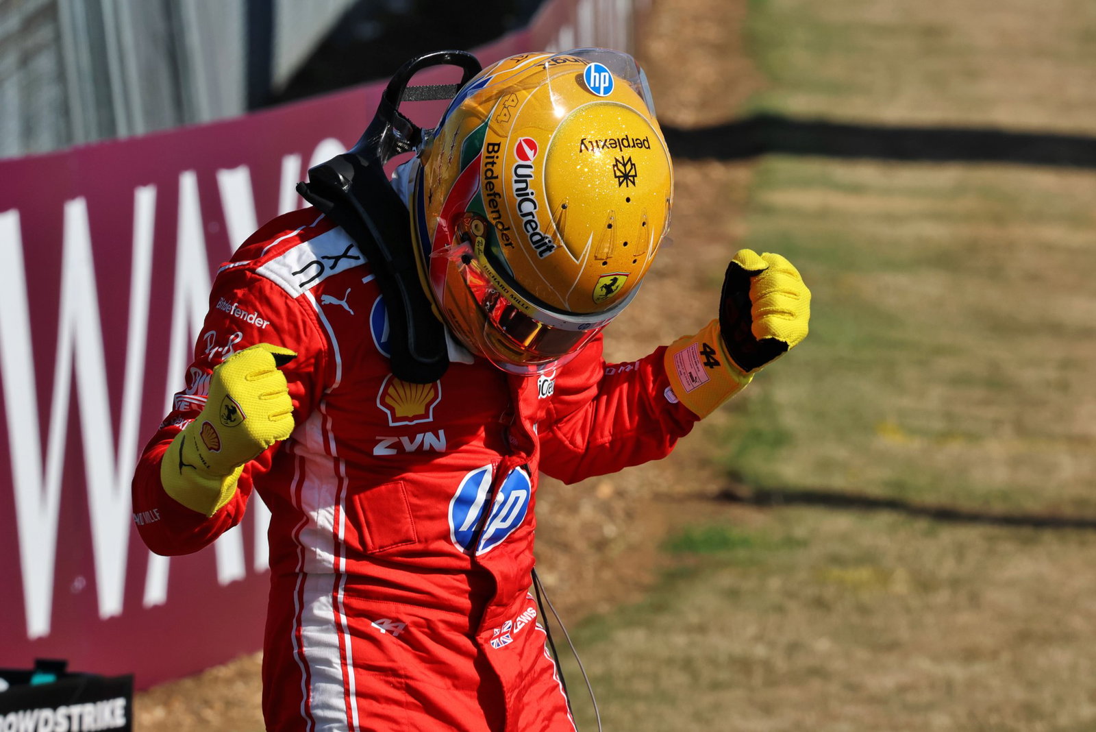Hamilton celebrates his Silverstone sprint pole