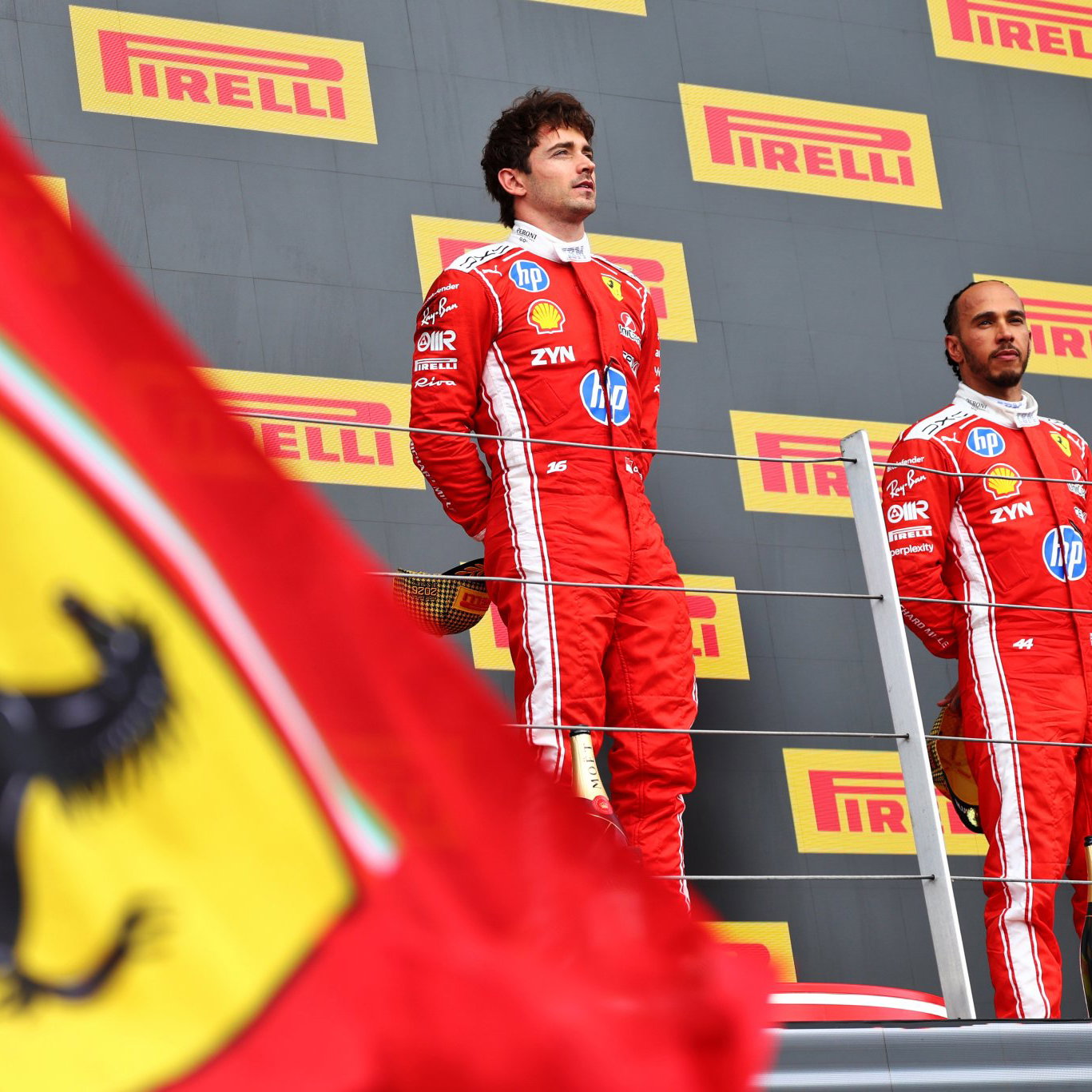 Leclerc and Hamilton on the podium