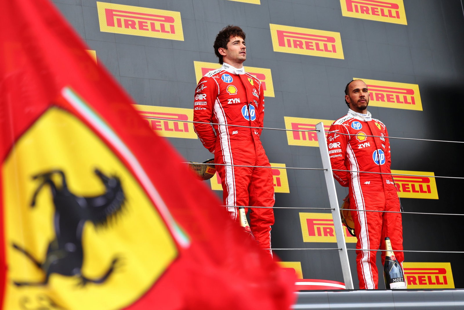 Leclerc and Hamilton on the podium