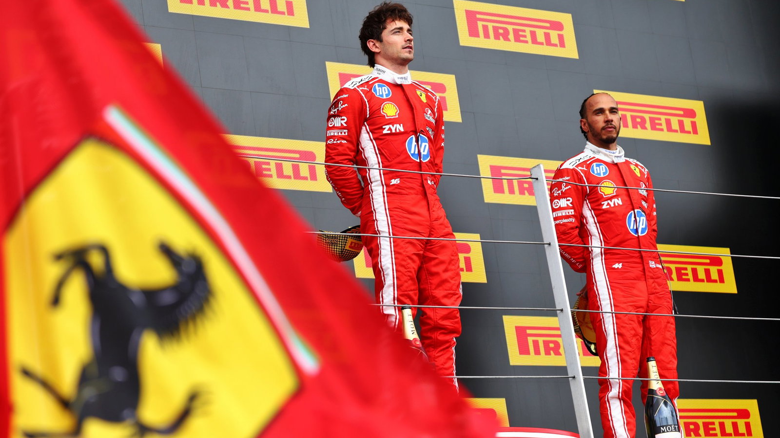 Leclerc and Hamilton on the podium