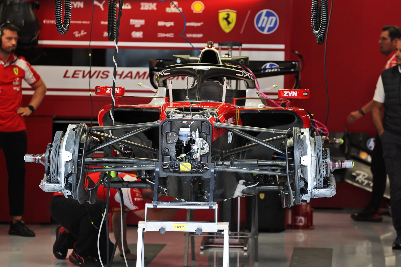 The SF-26 in Ferrari's garage at the Hungaroring