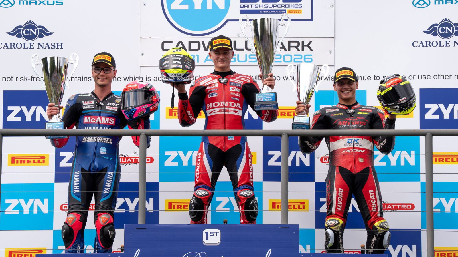 Kyle Ryde, here with Bradley Ray and winner Ryan Vickers, was a constant on the podium at BSB Cadwell Park