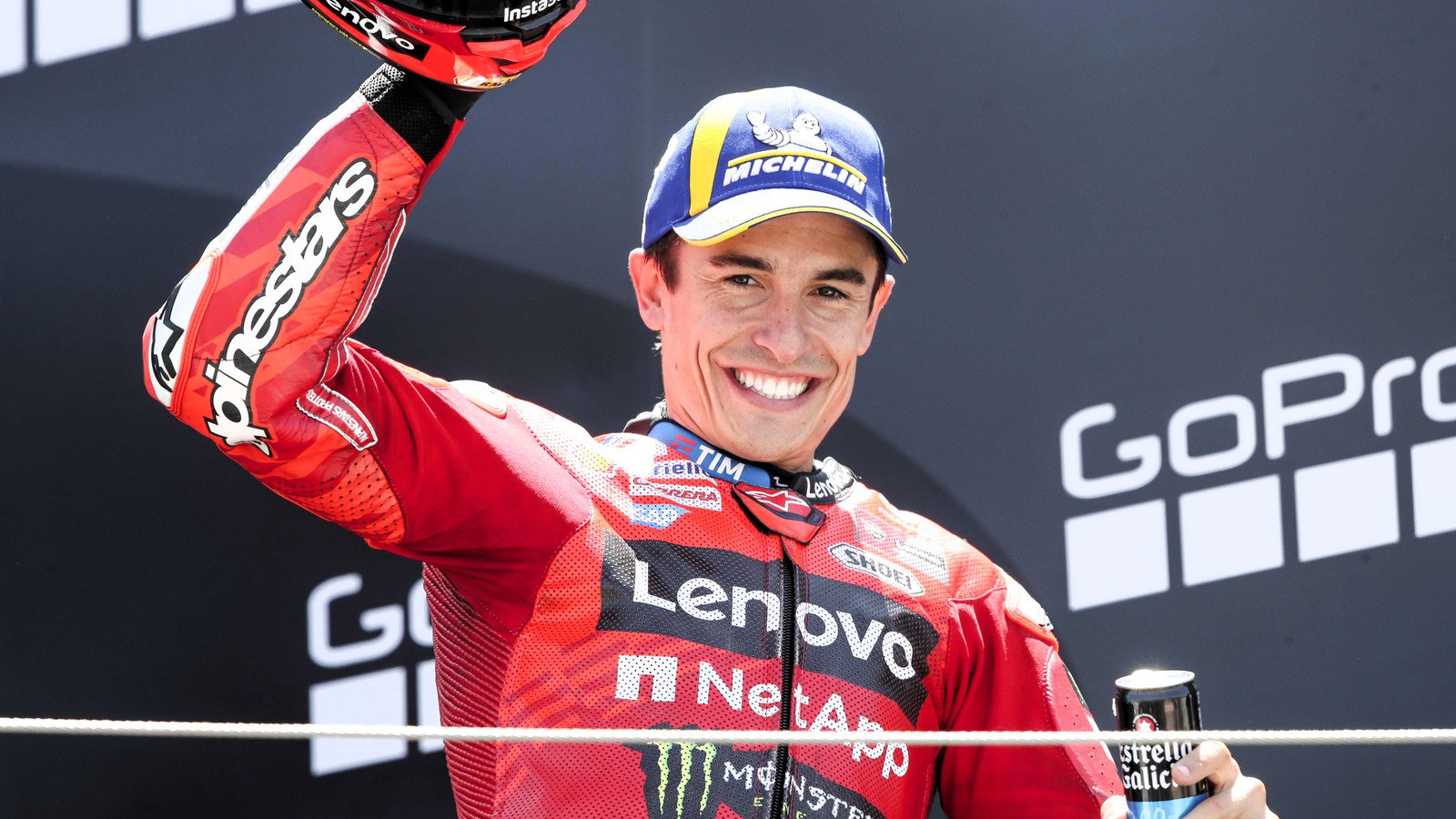 Marc Marquez celebrates 2025 Aragon MotoGP double.