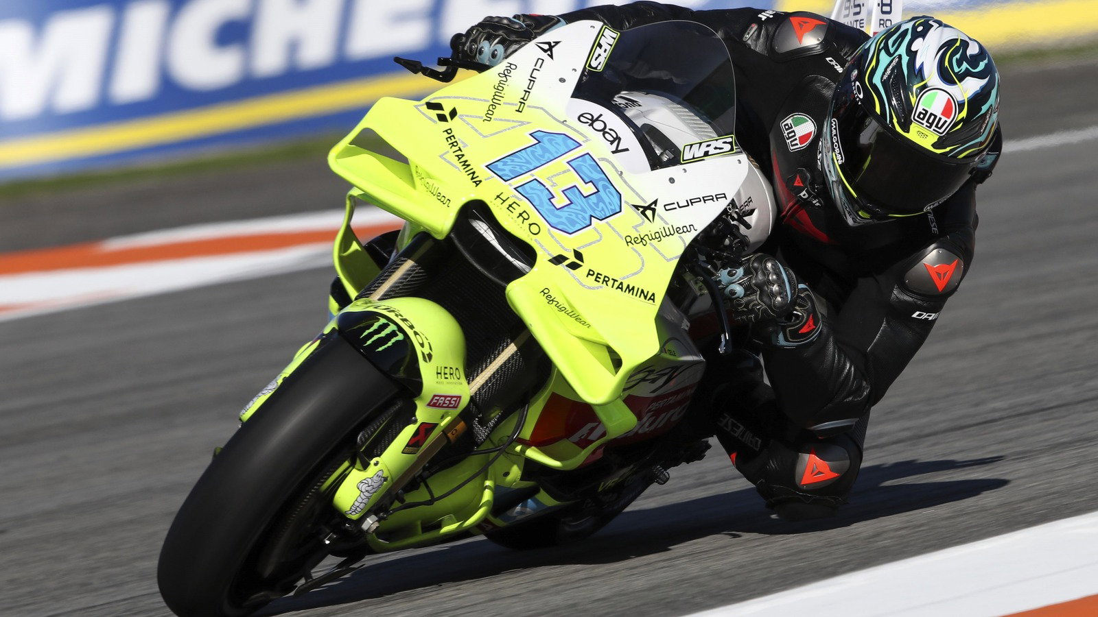 Celestino Vietti tests VR46 MotoGP bike at Valencia.