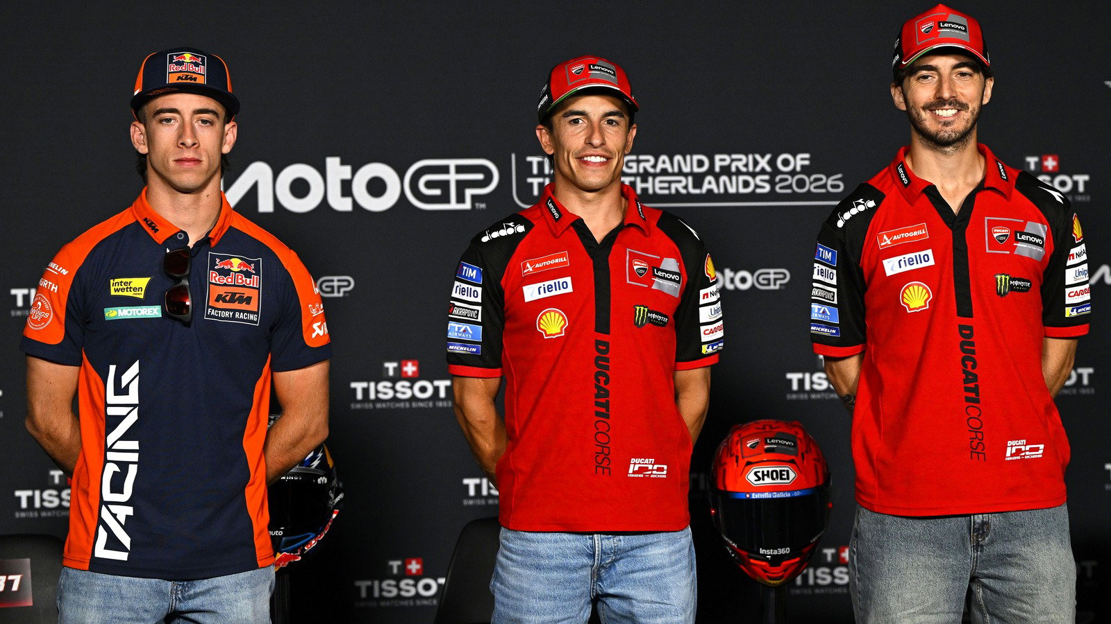 Marc Marquez with current team-mate Pecco Bagnaia and future team-mate Pedro Acosta.