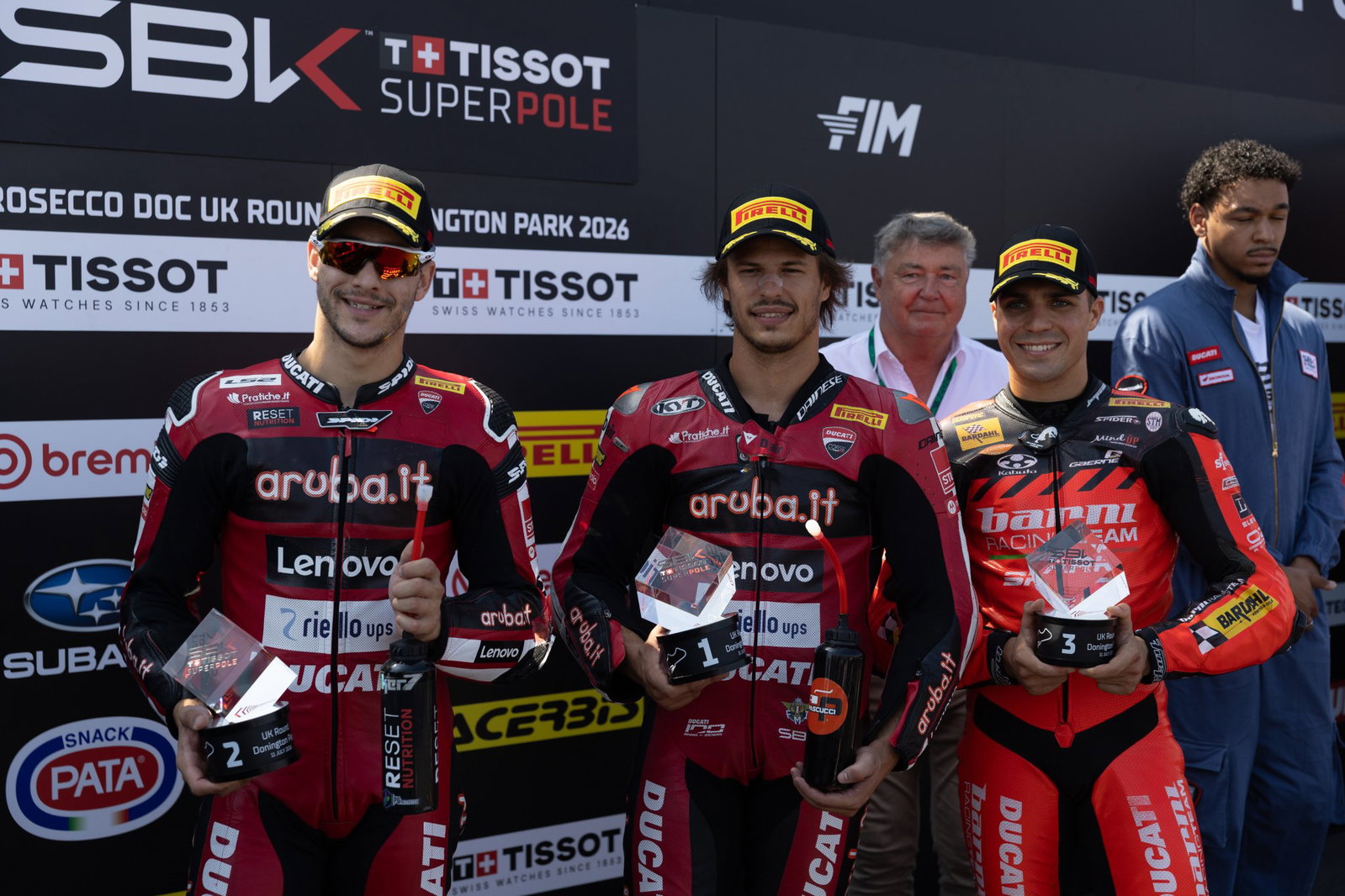 Iker Lecuona, Nicolo Bulega, Yari Montella, 2026 UK WorldSBK, parc ferme, Superpole. Credit: Gold and Goose.