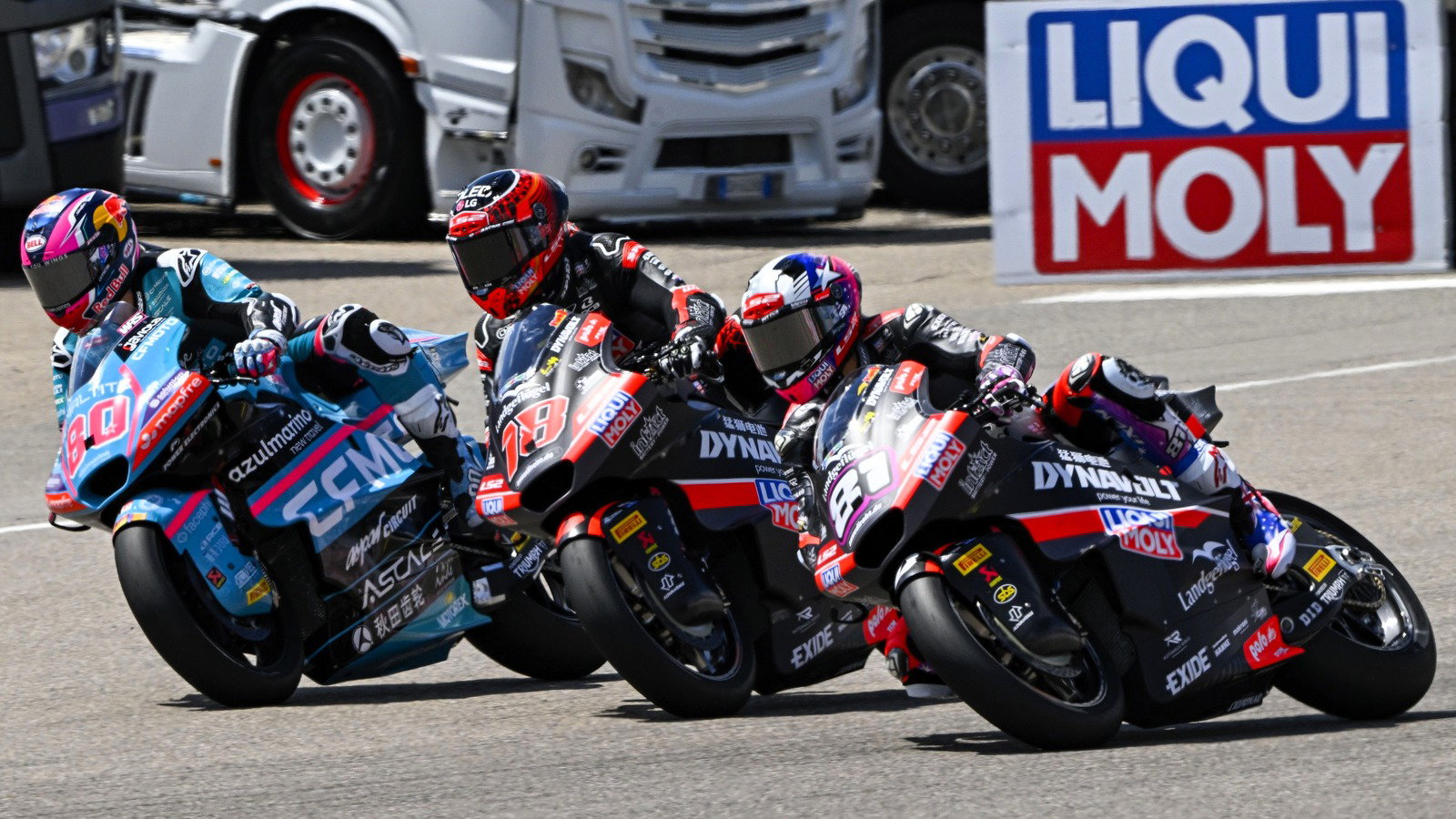 David Alonso, Manuel Gonzalez, Senna Agius, 2026 German Moto2 race.