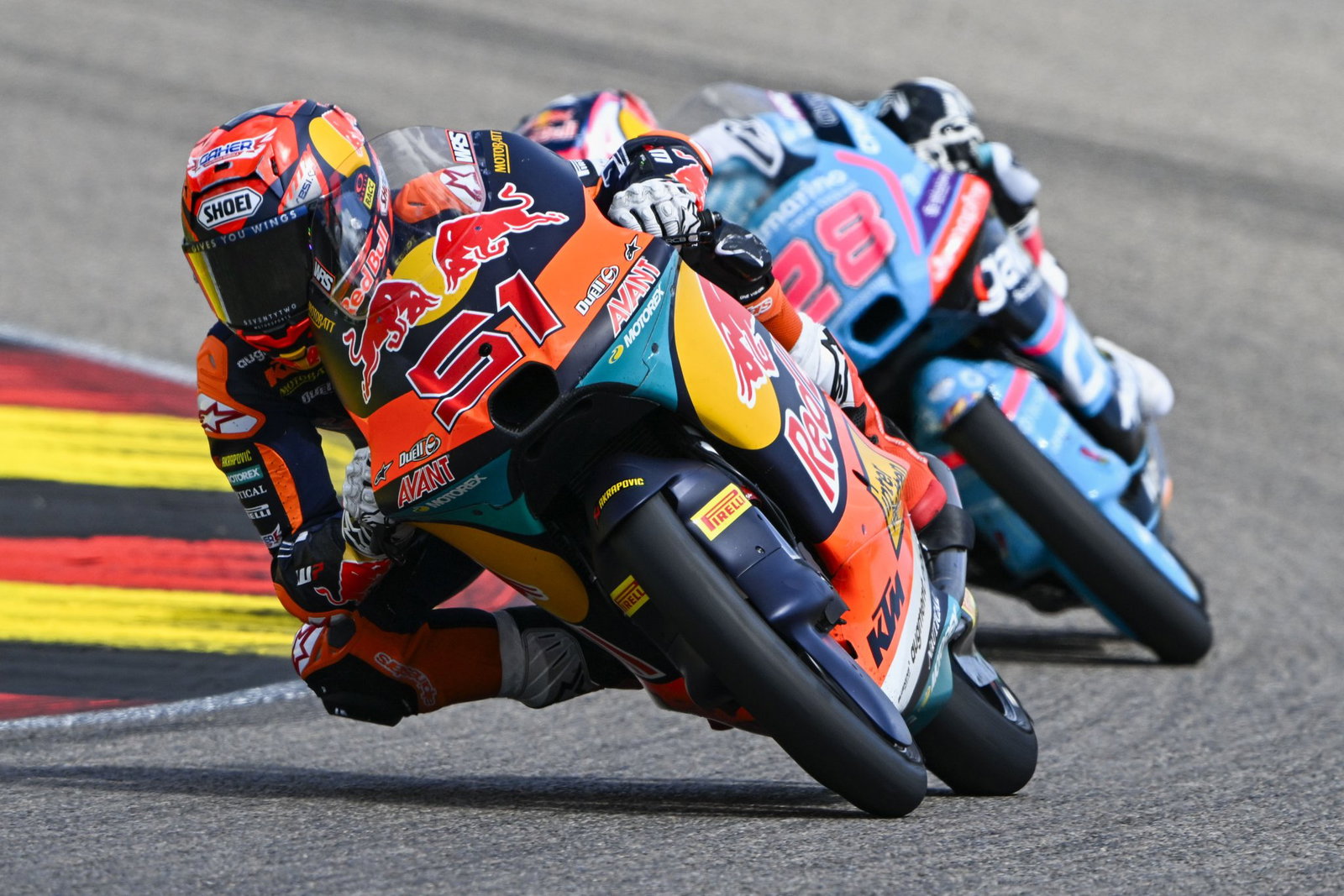 Brian Uriarte leads Max Quiles, 2026 Moto3 German Grand Prix. Credit: Gold and Goose.