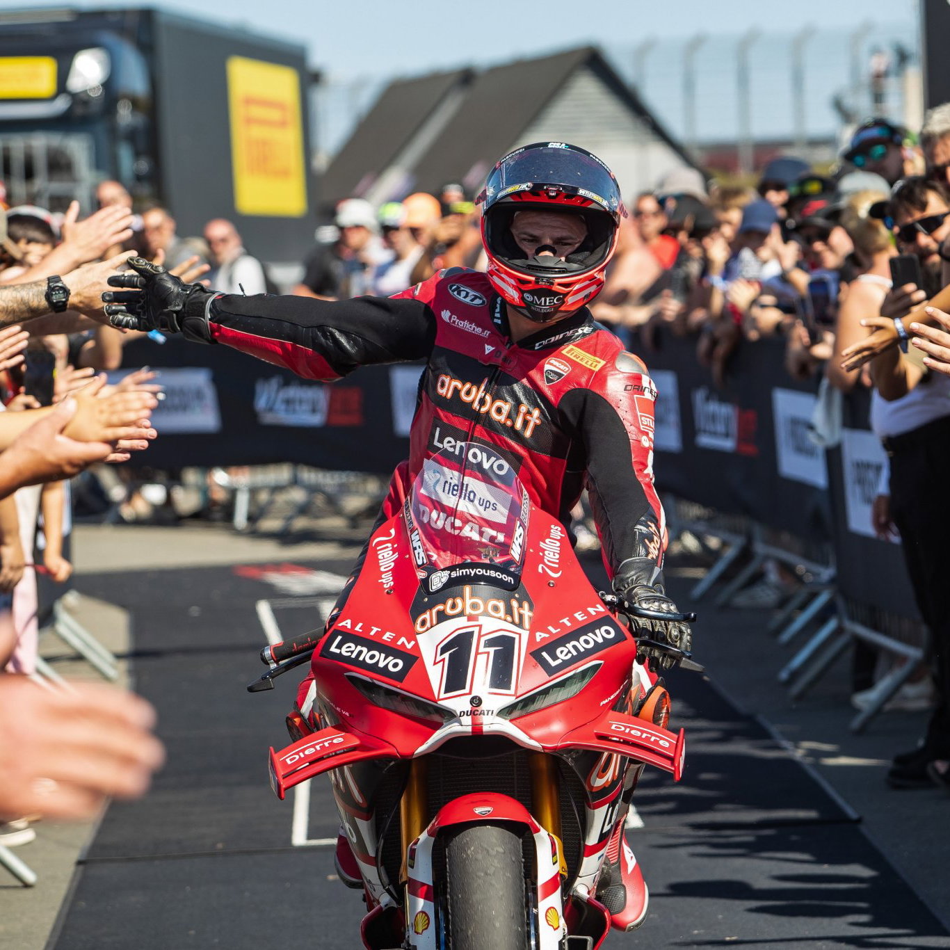 Nicolo Bulega riding to parc ferme, 2026 UK WorldSBK. Credit: Gold and Goose.
