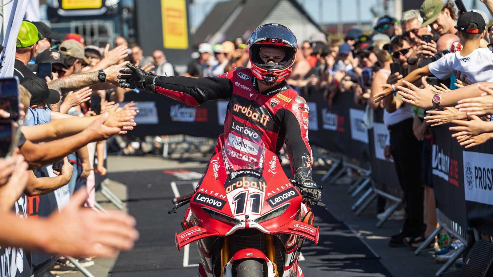Nicolo Bulega riding to parc ferme, 2026 UK WorldSBK. Credit: Gold and Goose.